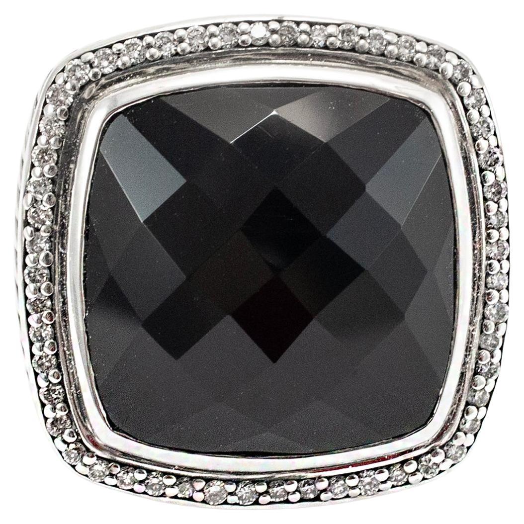 David Yurman 925 Sterling Silver Black Onyx Halo Diamond Albion Cocktail Ring