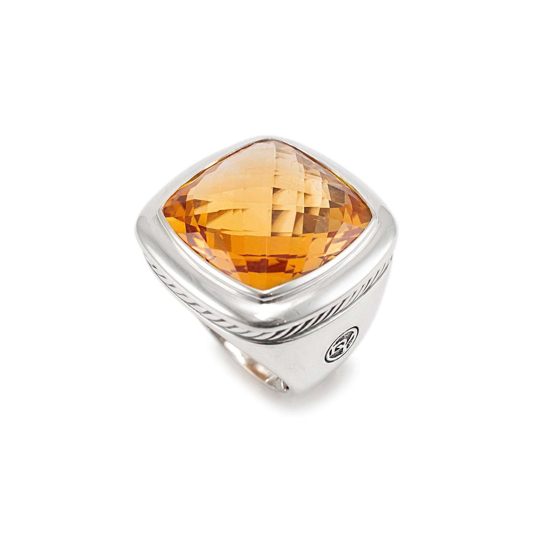 Brand: David Yurman

Gender: Ladies

Metal Type: 925 Sterling Silver

Size: 5

Width: 26.00 mm tapering to 6.00 mm

Weight: 25.57 Grams

One ladies designer made textured & polished silver, citrine cocktail ring with a tapered, comfort-fit shank.