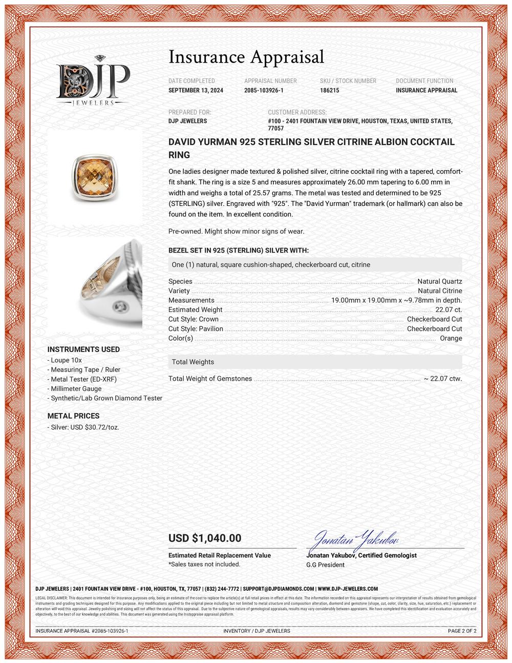 David Yurman 925 Sterling Silver Citrine Albion Cocktail Ring For Sale 2