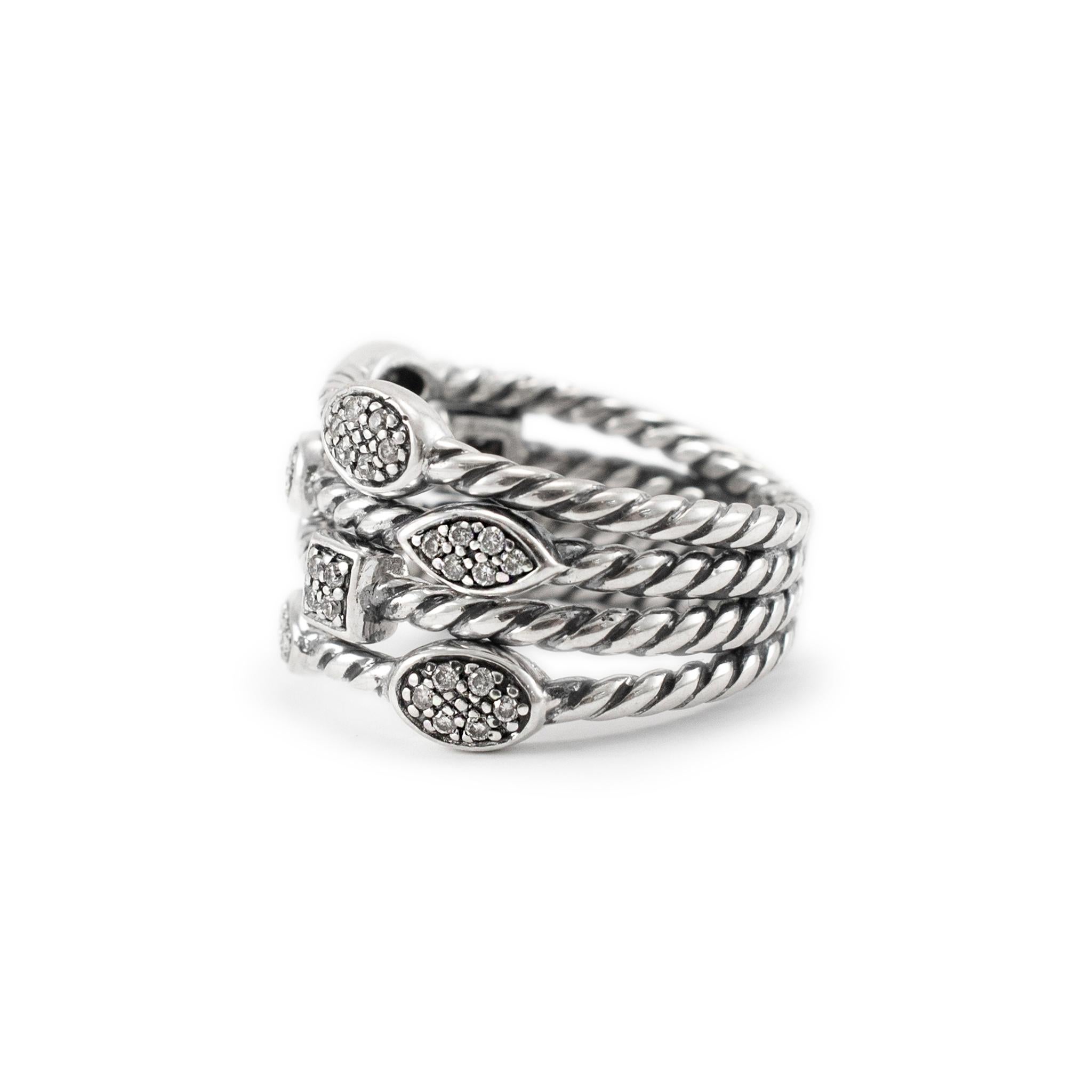 David Yurman 925 Sterlingsilber Konfetti-Cocktailring mit vier Reihen Diamanten (Rundschliff)
