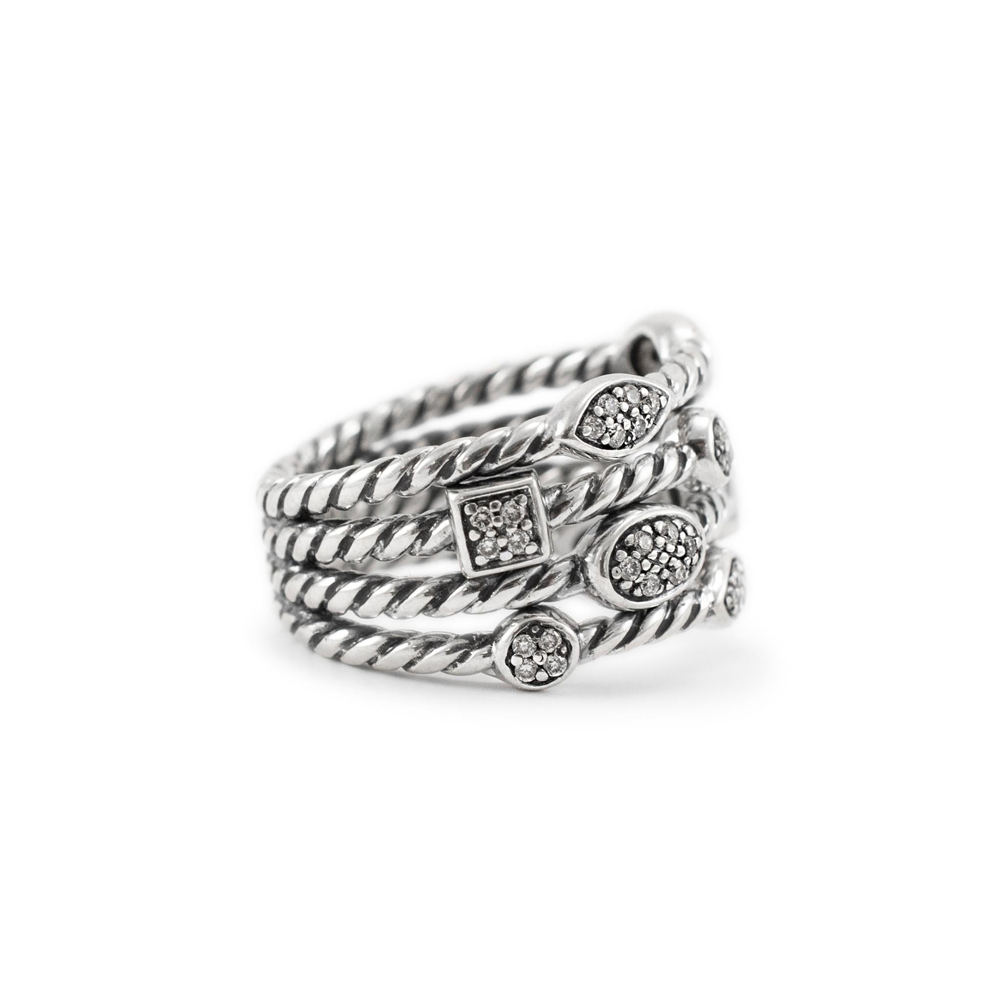 David Yurman 925 Sterlingsilber Konfetti-Cocktailring mit vier Reihen Diamanten im Zustand „Hervorragend“ in Houston, TX