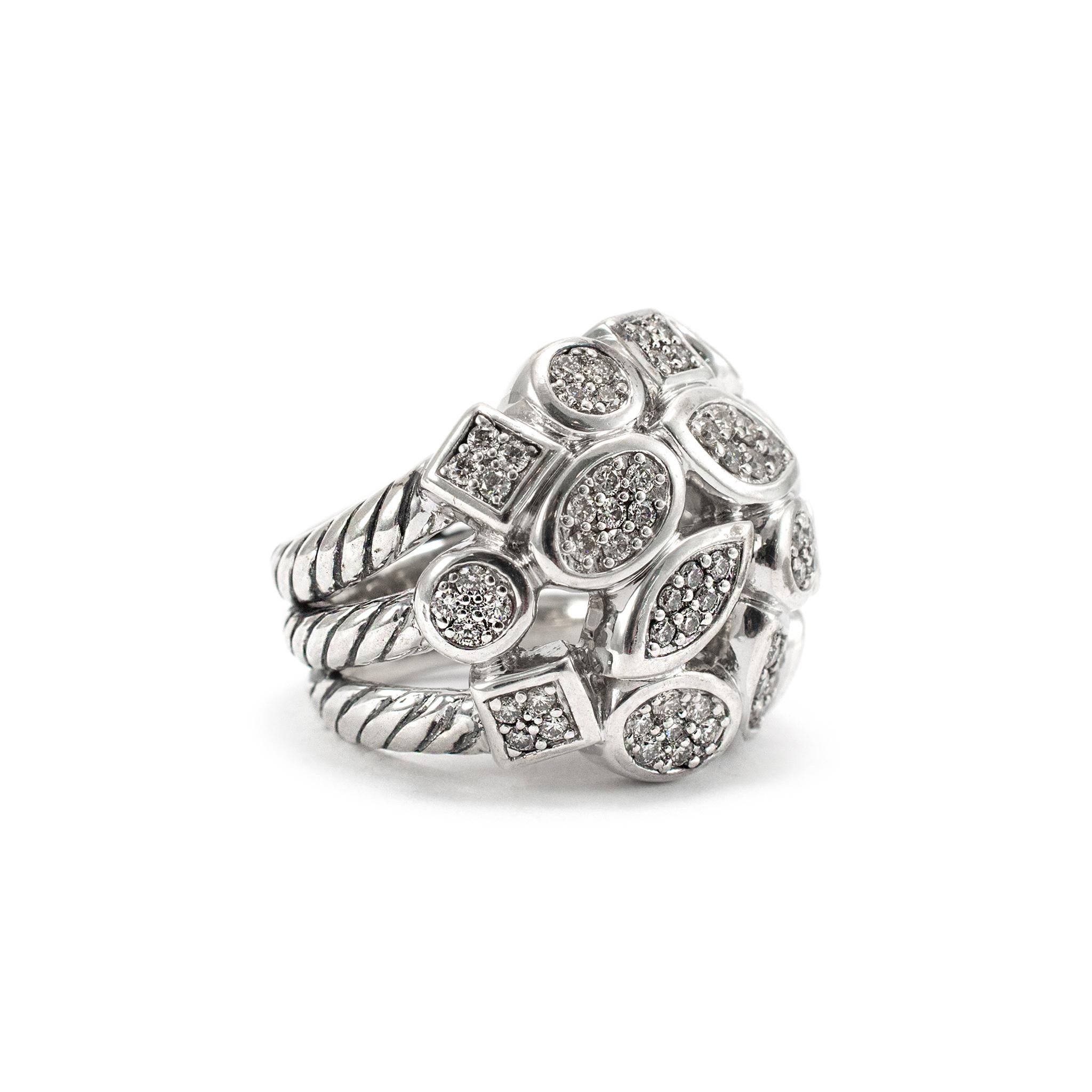 David Yurman 925 Sterling Silver Confetti Pave Diamond Cocktail Ring In Excellent Condition In Houston, TX