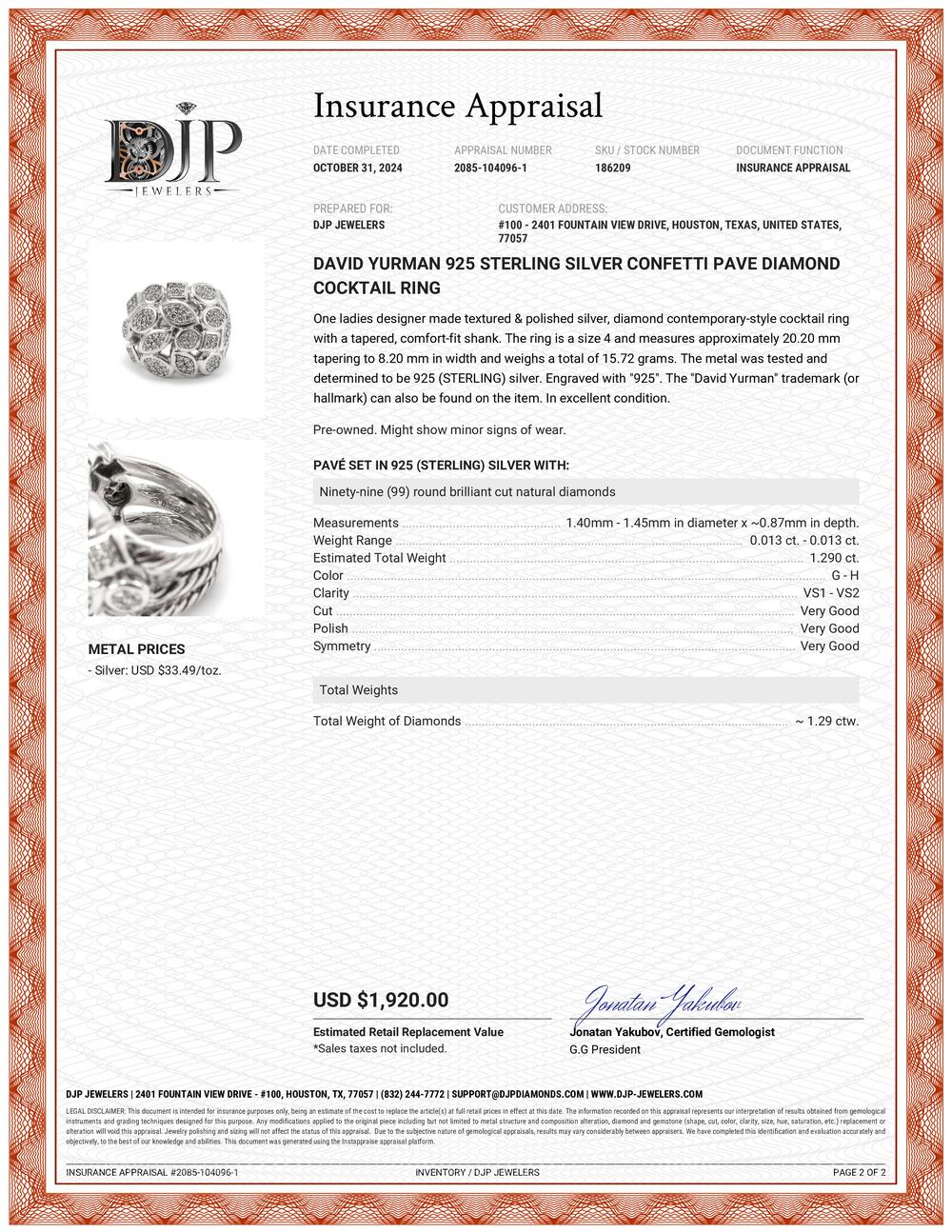 David Yurman 925 Sterling Silver Confetti Pave Diamond Cocktail Ring 2