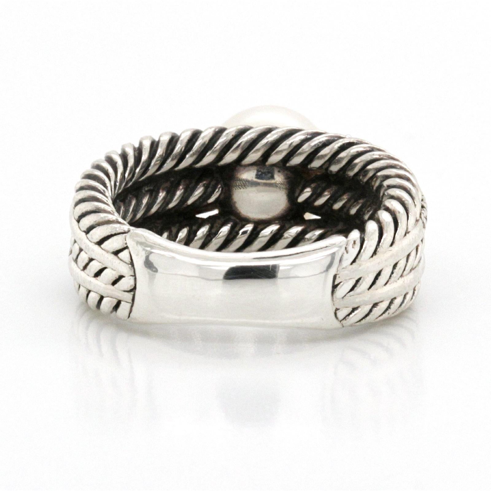 David Yurman 925 Sterling Silver Diamond & Pearl Crossover Ring In Excellent Condition In Los Angeles, CA