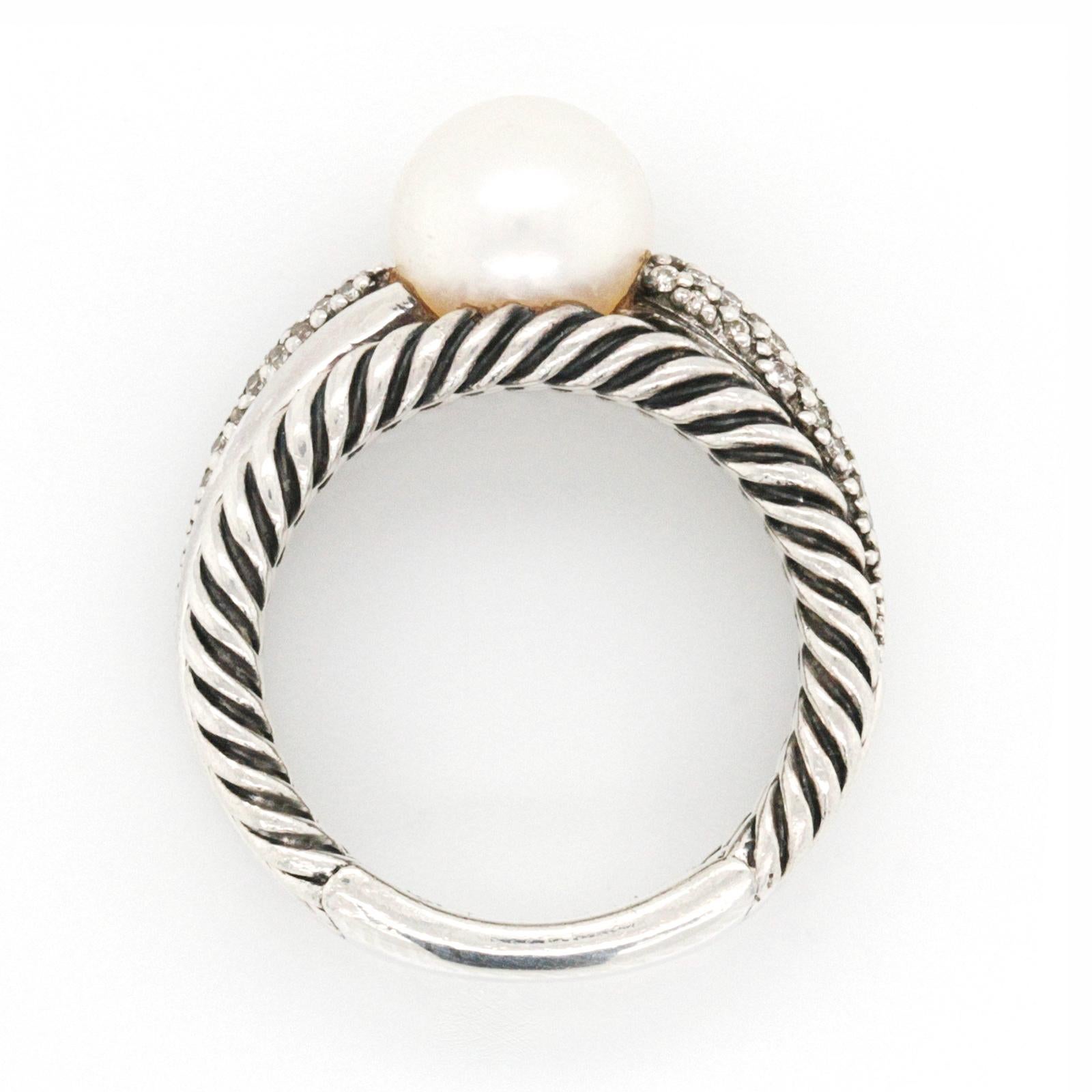 Women's or Men's David Yurman 925 Sterling Silver Diamond & Pearl Crossover Ring