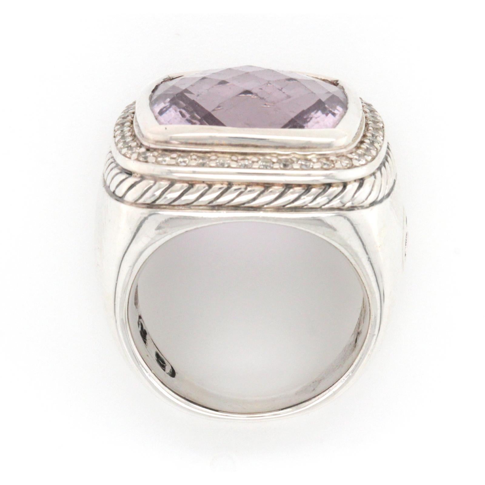 David Yurman 925 Sterling Silver Diamond & Amethyst Albion Ring In Excellent Condition In Los Angeles, CA