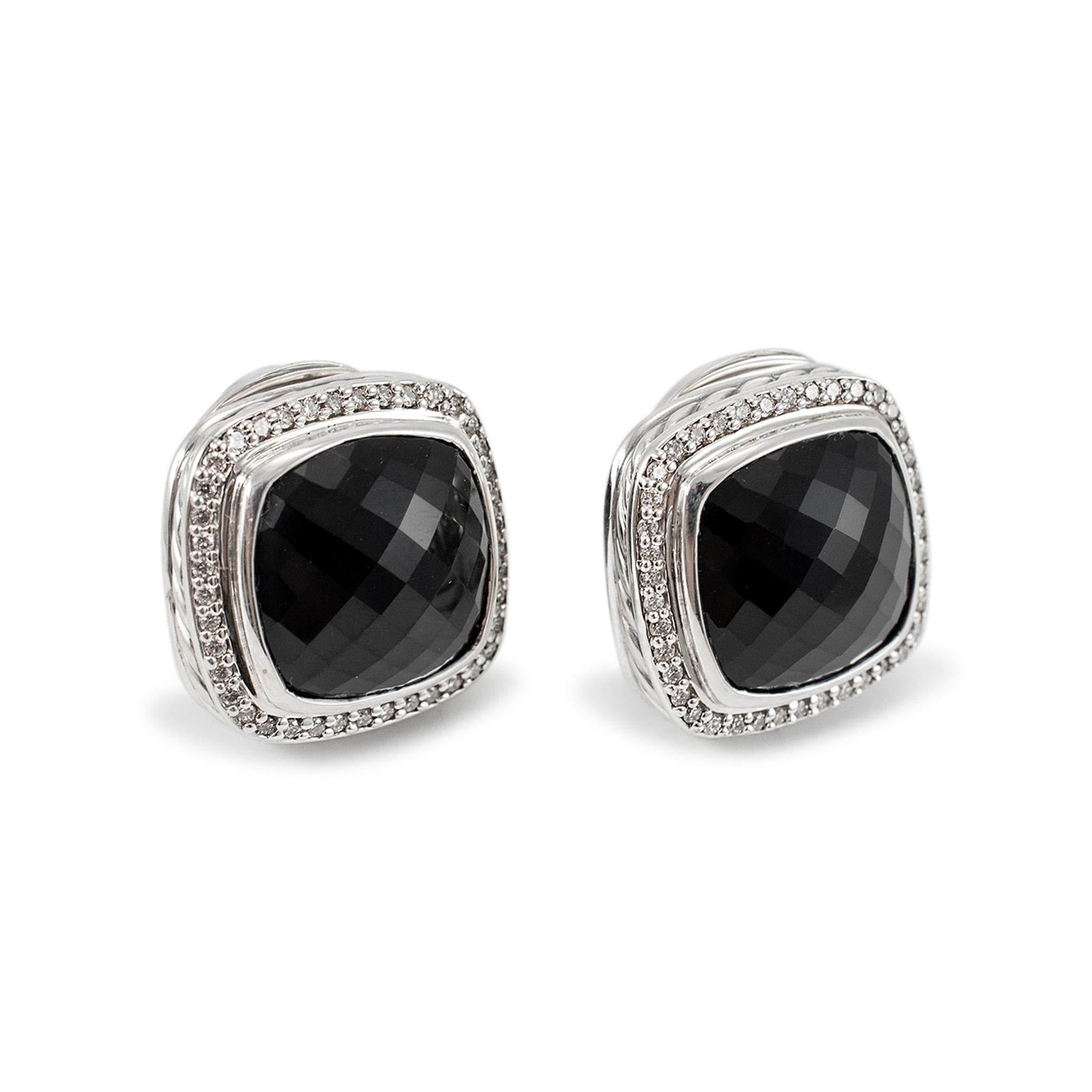 Brand: David Yurman

Gender: Ladies

Metal Type: 925 Sterling Silver

Width: 20.00 mm

Weight: 20.61 Grams

Silver diamond and onyx stud clip-on earrings. The metal was tested and determined to be 925 (STERLING) silver. Engraved with 