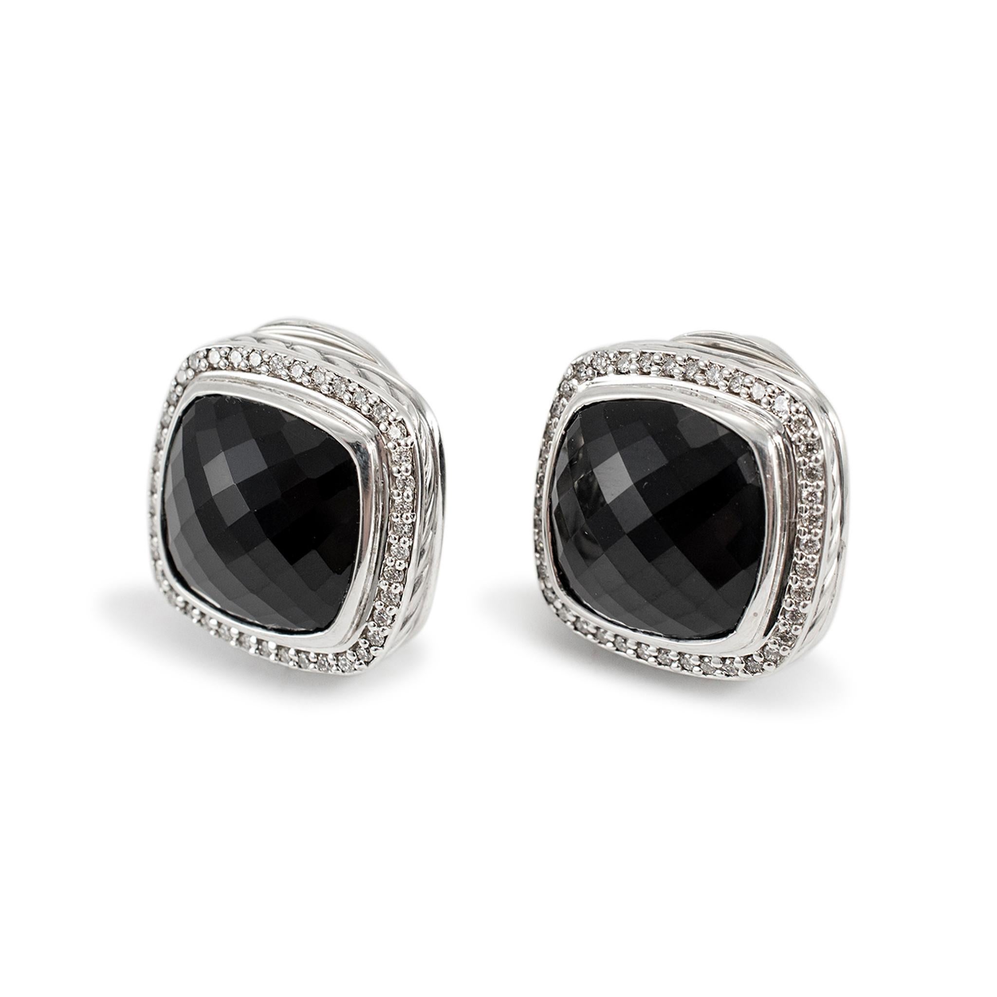 Square Cut David Yurman 925 Sterling Silver Diamond & Black Onyx Albion Stud Earrings
