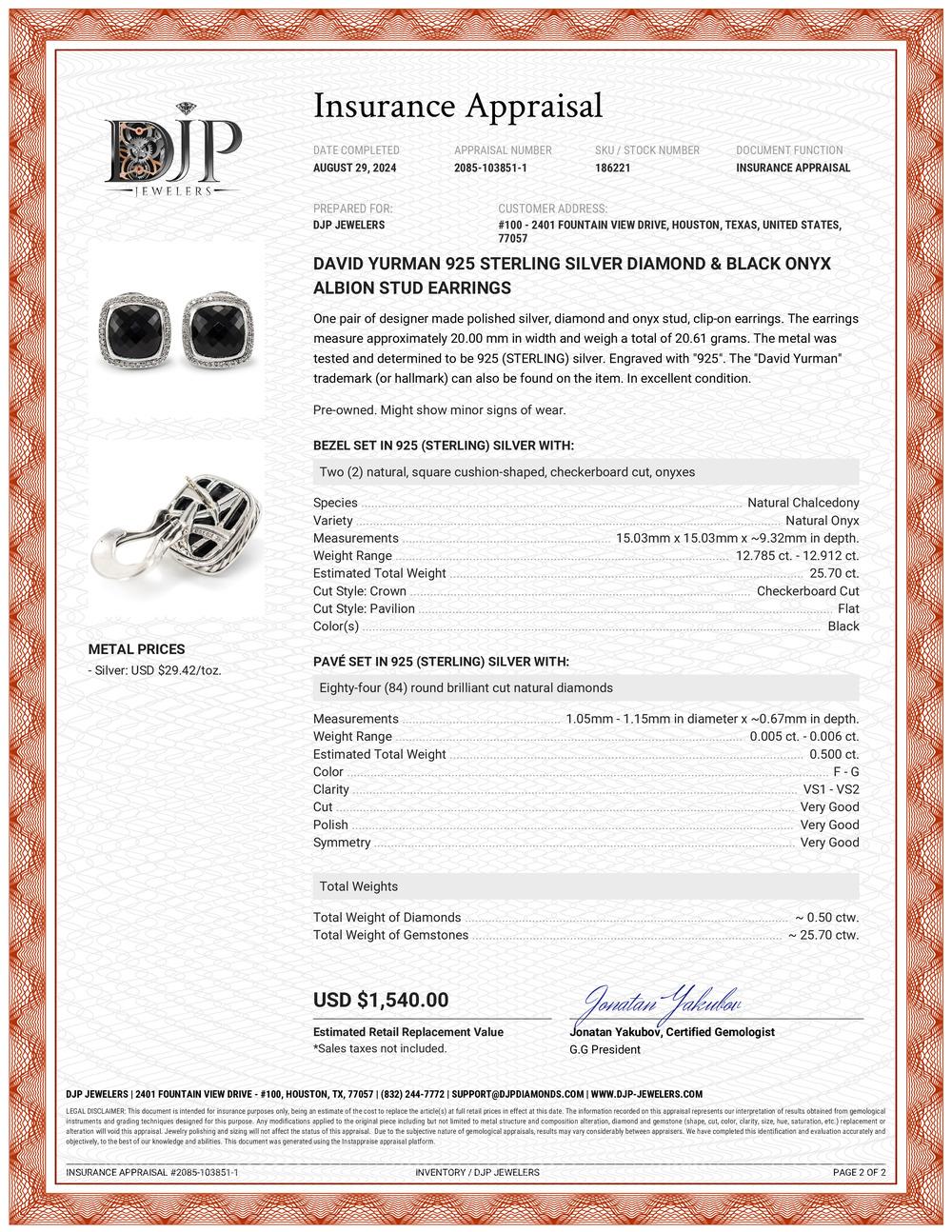 David Yurman 925 Sterling Silver Diamond & Black Onyx Albion Stud Earrings 1