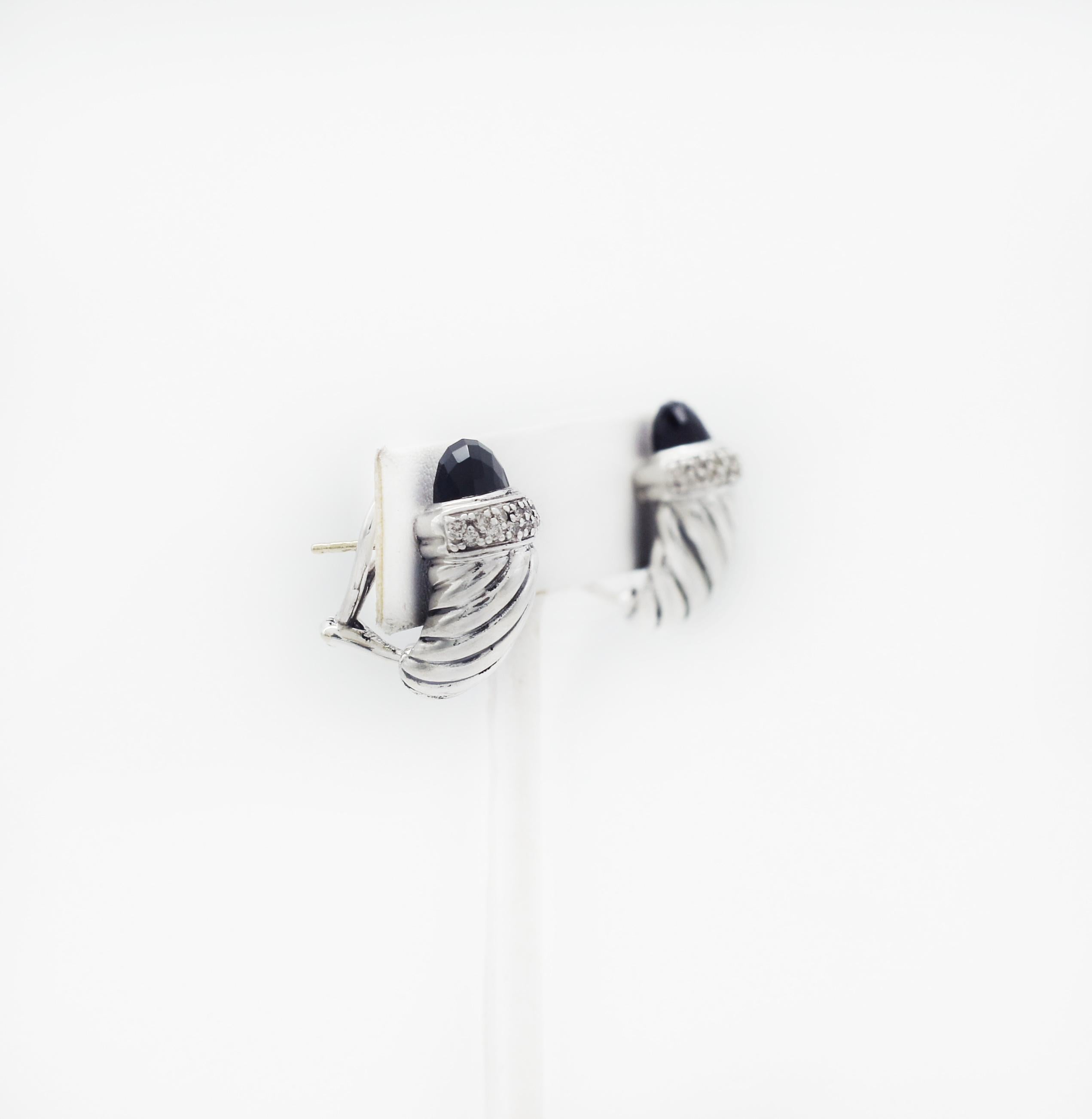 Taille ronde DAVID YURMAN Boucles d'oreilles crevettes en argent 925 diamant Onyx noir en vente