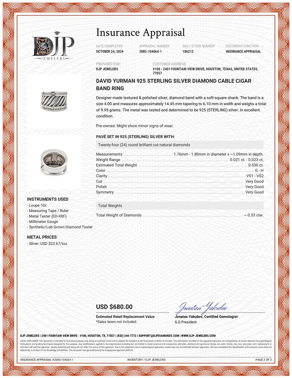 David Yurman 925 Sterlingsilber Diamant-Zigarrenring mit Kabel 1