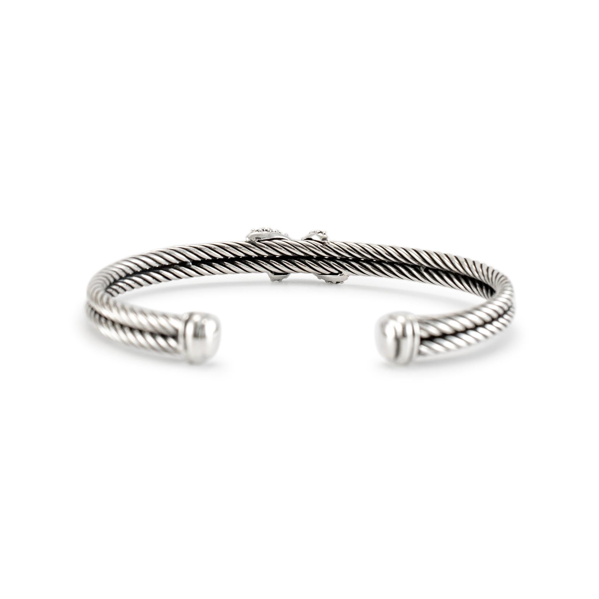 David Yurman 925 Sterling Silber Diamant Double Cable X Manschettenarmband im Zustand „Hervorragend“ in Houston, TX