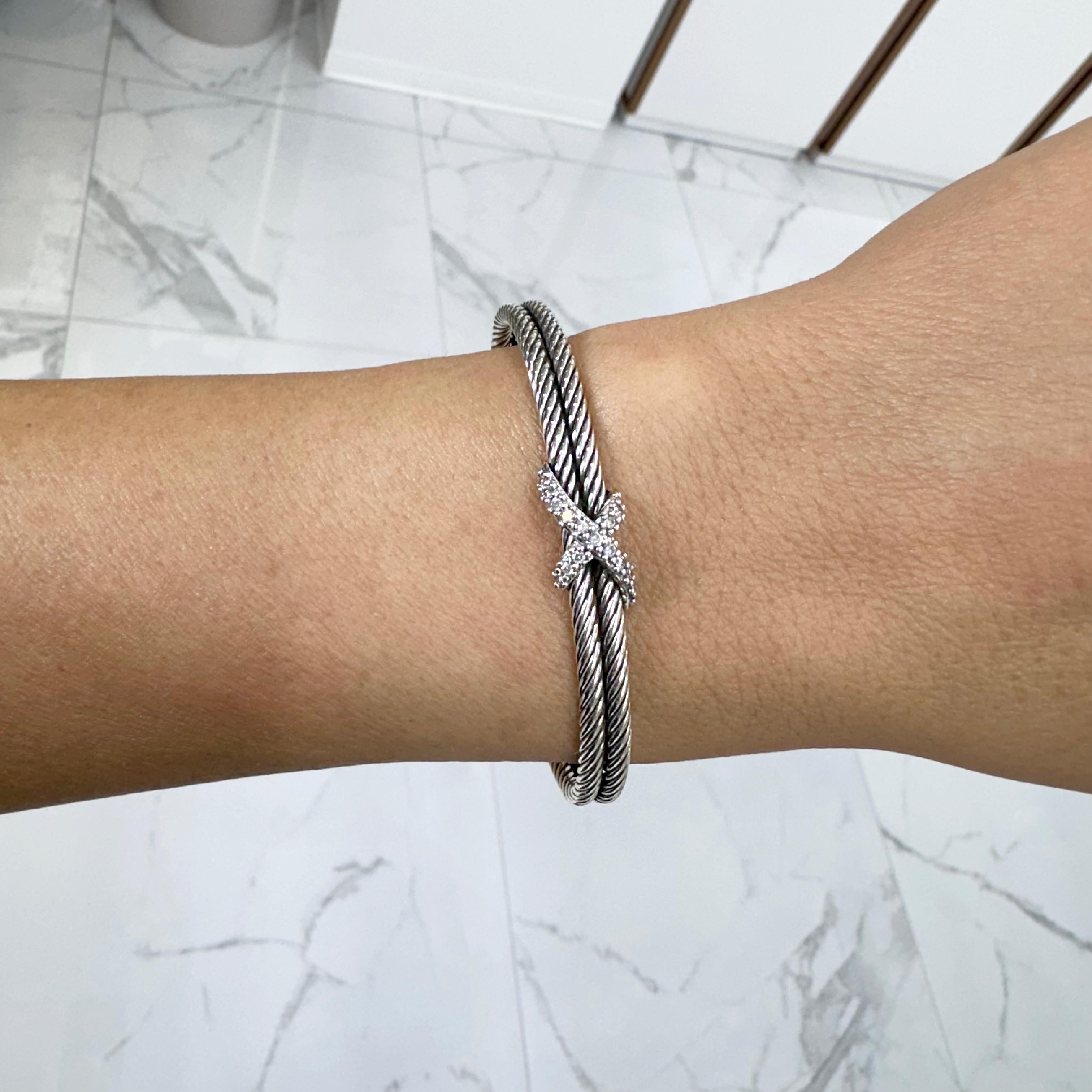 David Yurman 925 Sterling Silber Diamant Double Cable X Manschettenarmband 2