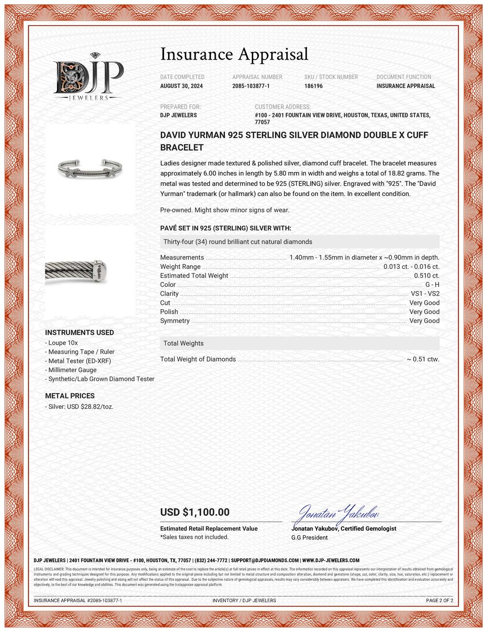 David Yurman 925 Sterlingsilber-Diamant-Doppel-X-Manschettenarmband Damen