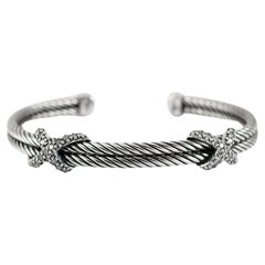 David Yurman 925 Sterling Silver Diamond Double X Cuff Bracelet