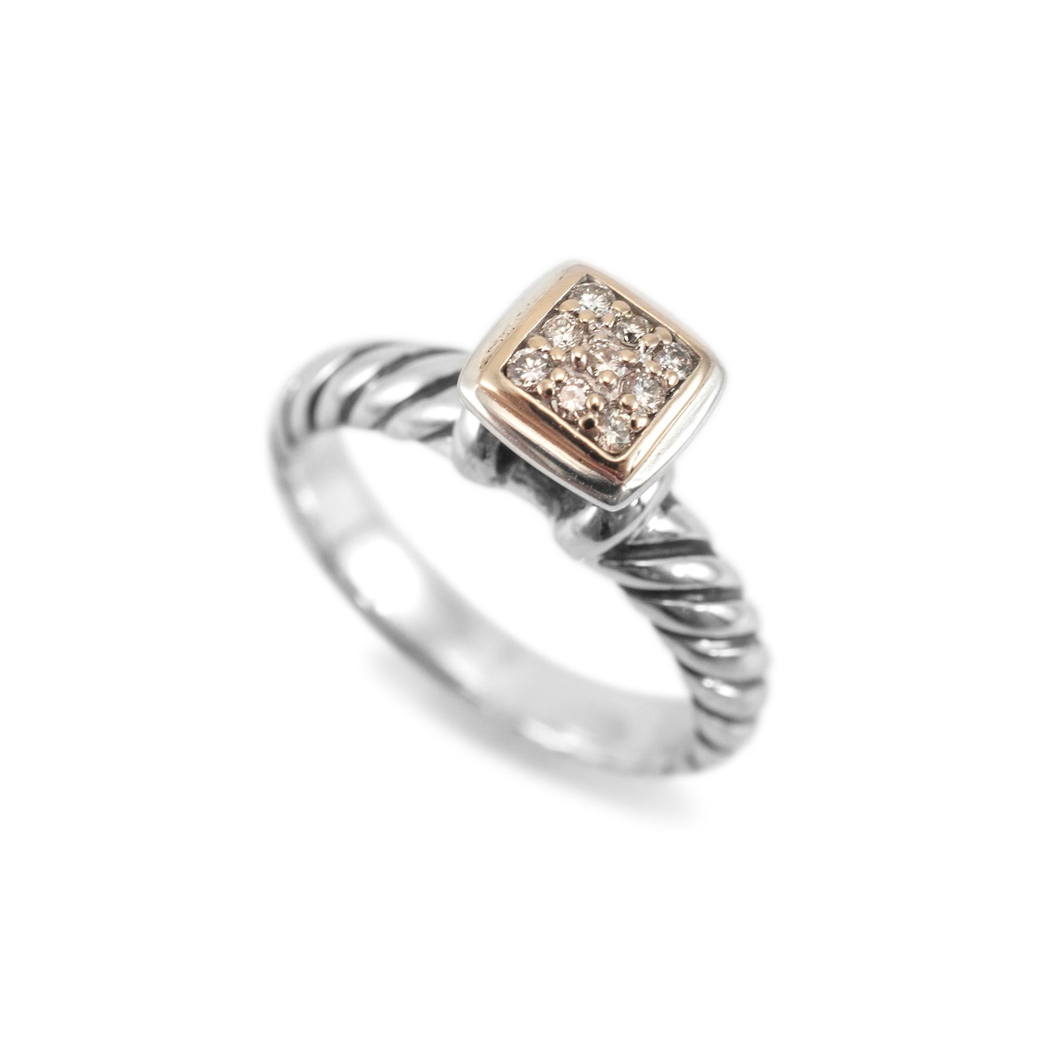 Brand: David Yurman

Gender: Ladies

Metal Type: 18K Yellow Gold and 925 Sterling Silver

Ring Size: 5.5

Shank Maximum Width: 3.60 mm

Weight: 4.39 grams

One ladies 18K Yellow Gold and Silver diamond cluster engagement ring with a half-round