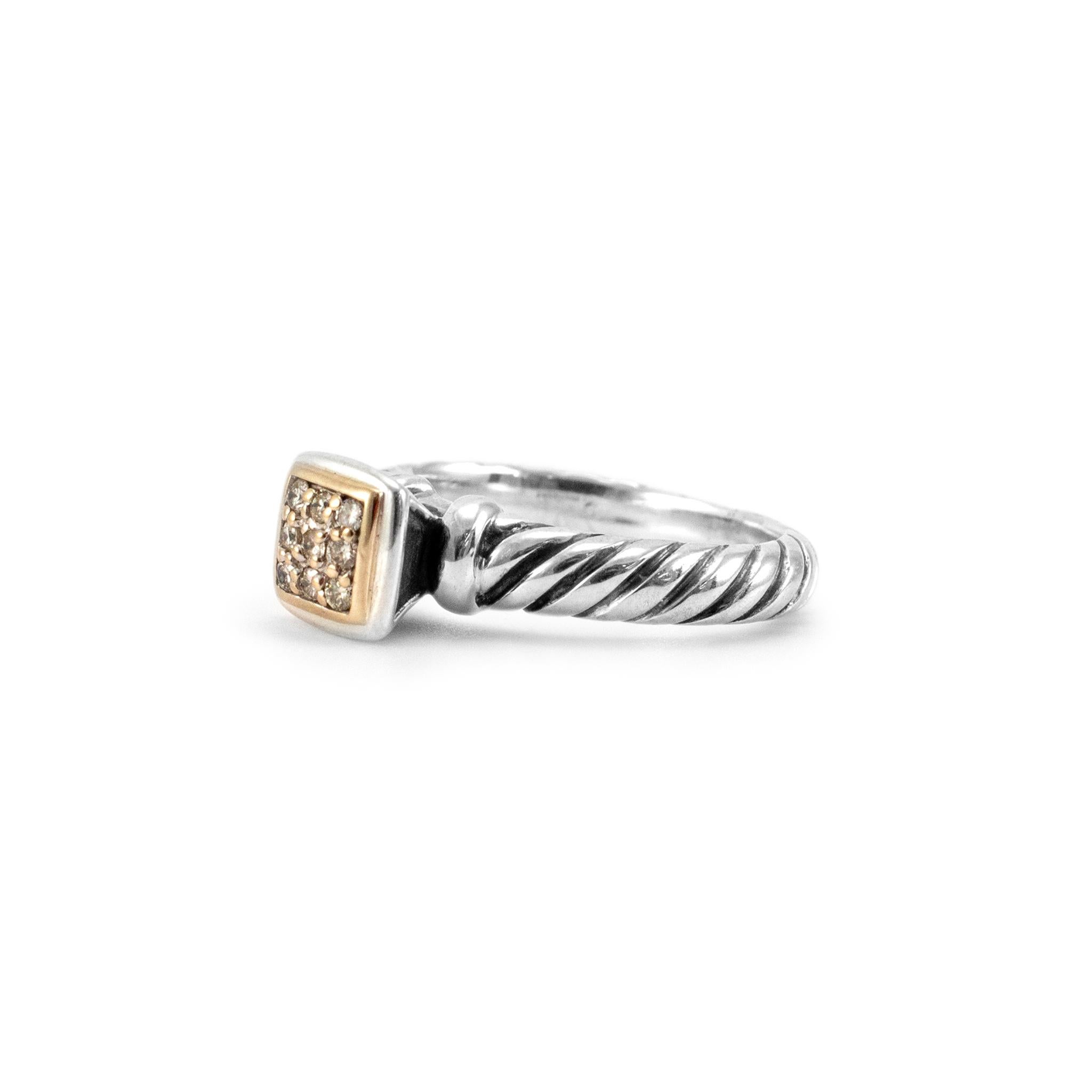 Round Cut David Yurman 925 Sterling Silver & Gold Cable Square Diamond Engagement Ring For Sale