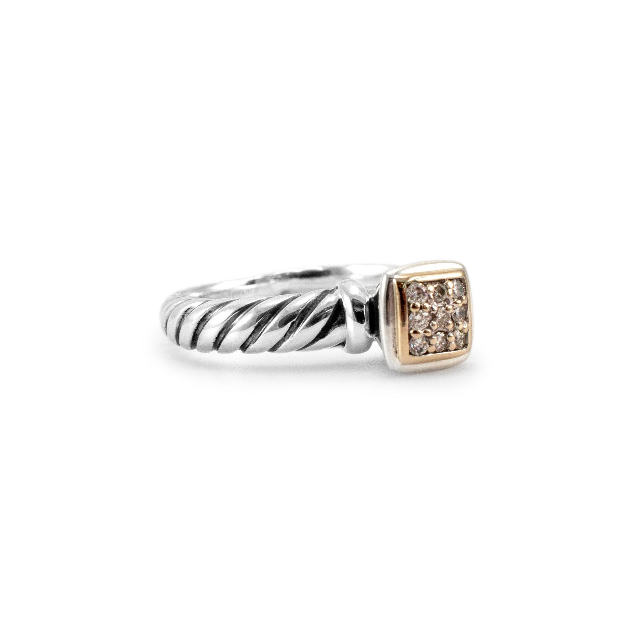David Yurman 925 Sterling Silver & Gold Cable Square Diamond Engagement Ring In Excellent Condition For Sale In Houston, TX