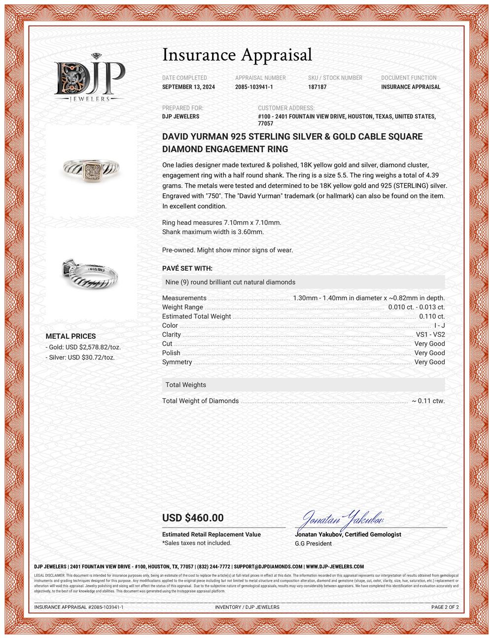 David Yurman 925 Sterling Silver & Gold Cable Square Diamond Engagement Ring For Sale 2