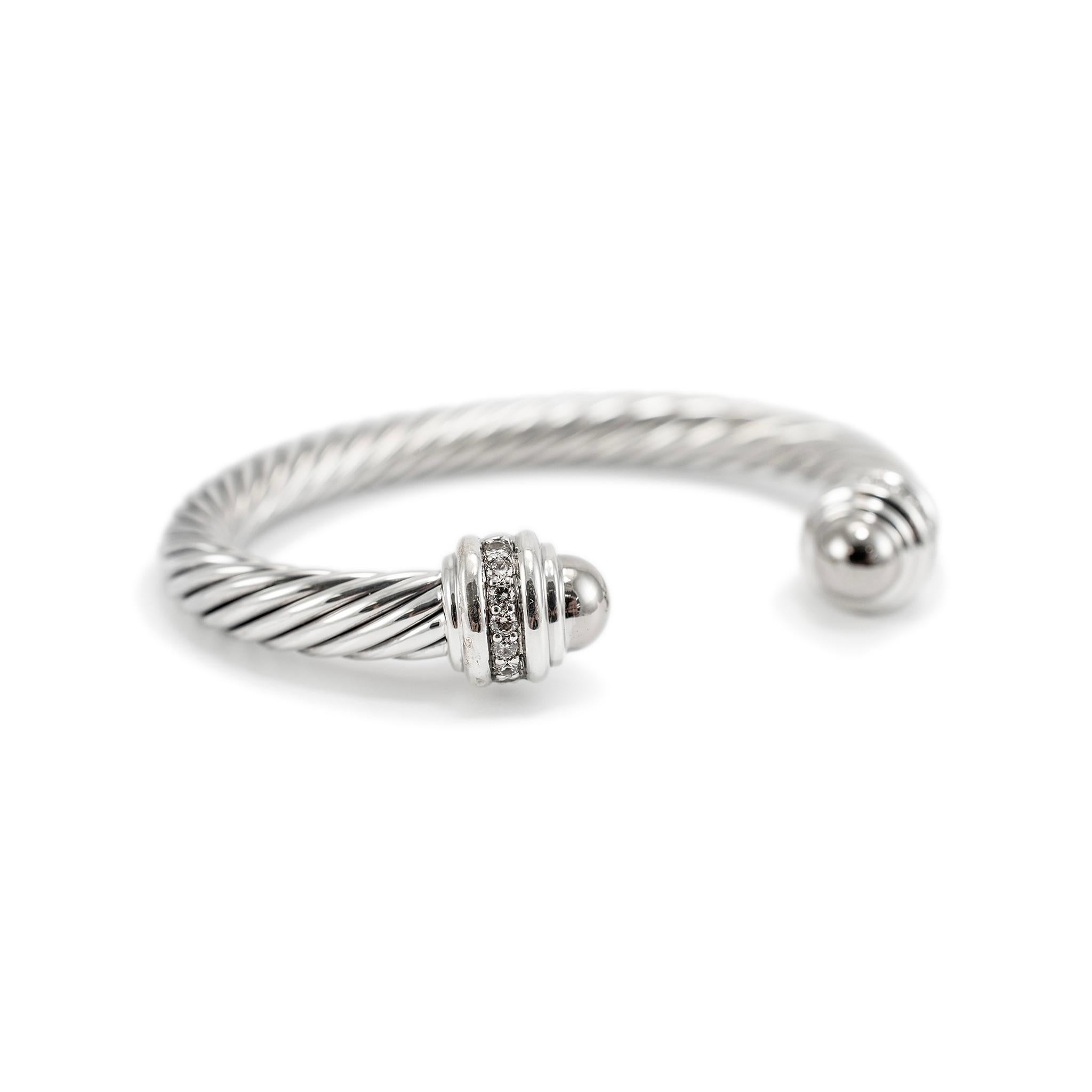 David Yurman 925 Sterling Silber Medium Diamanten Classic Kabel Manschette Armband (Rundschliff)