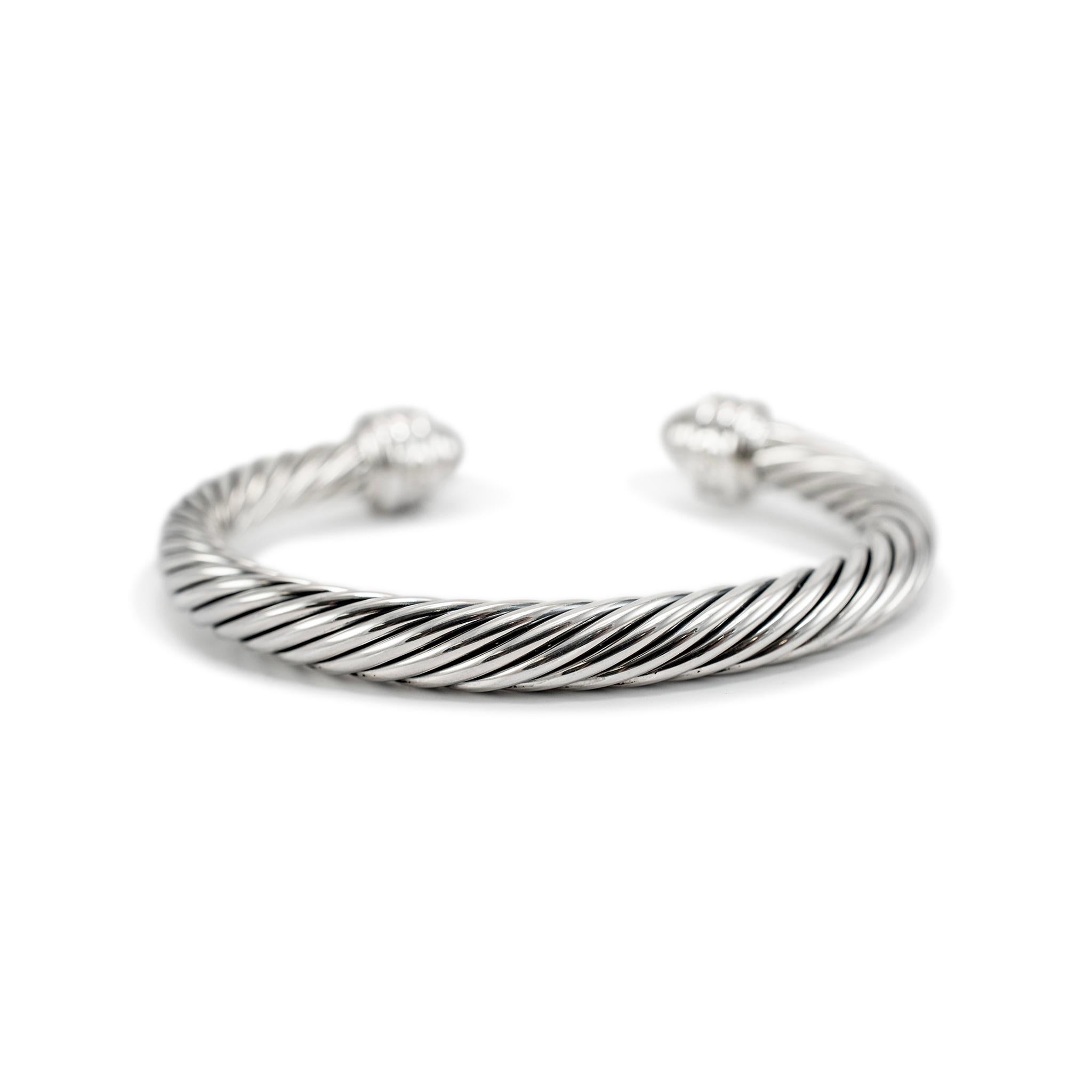 David Yurman 925 Sterling Silber Medium Diamanten Classic Kabel Manschette Armband im Zustand „Hervorragend“ in Houston, TX