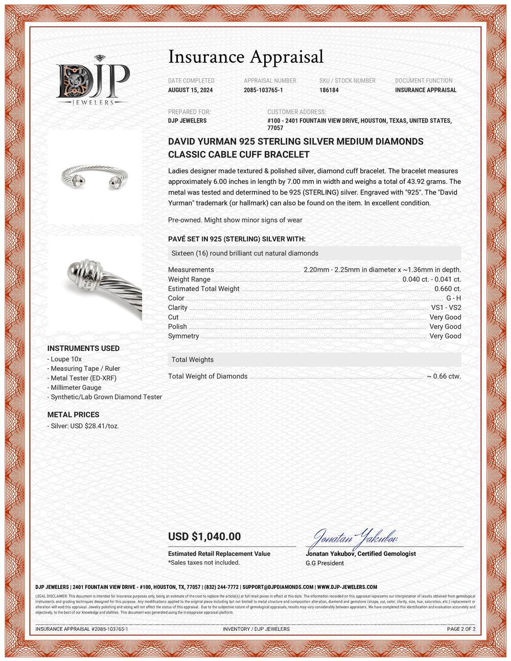 David Yurman 925 Sterling Silber Medium Diamanten Classic Kabel Manschette Armband 2