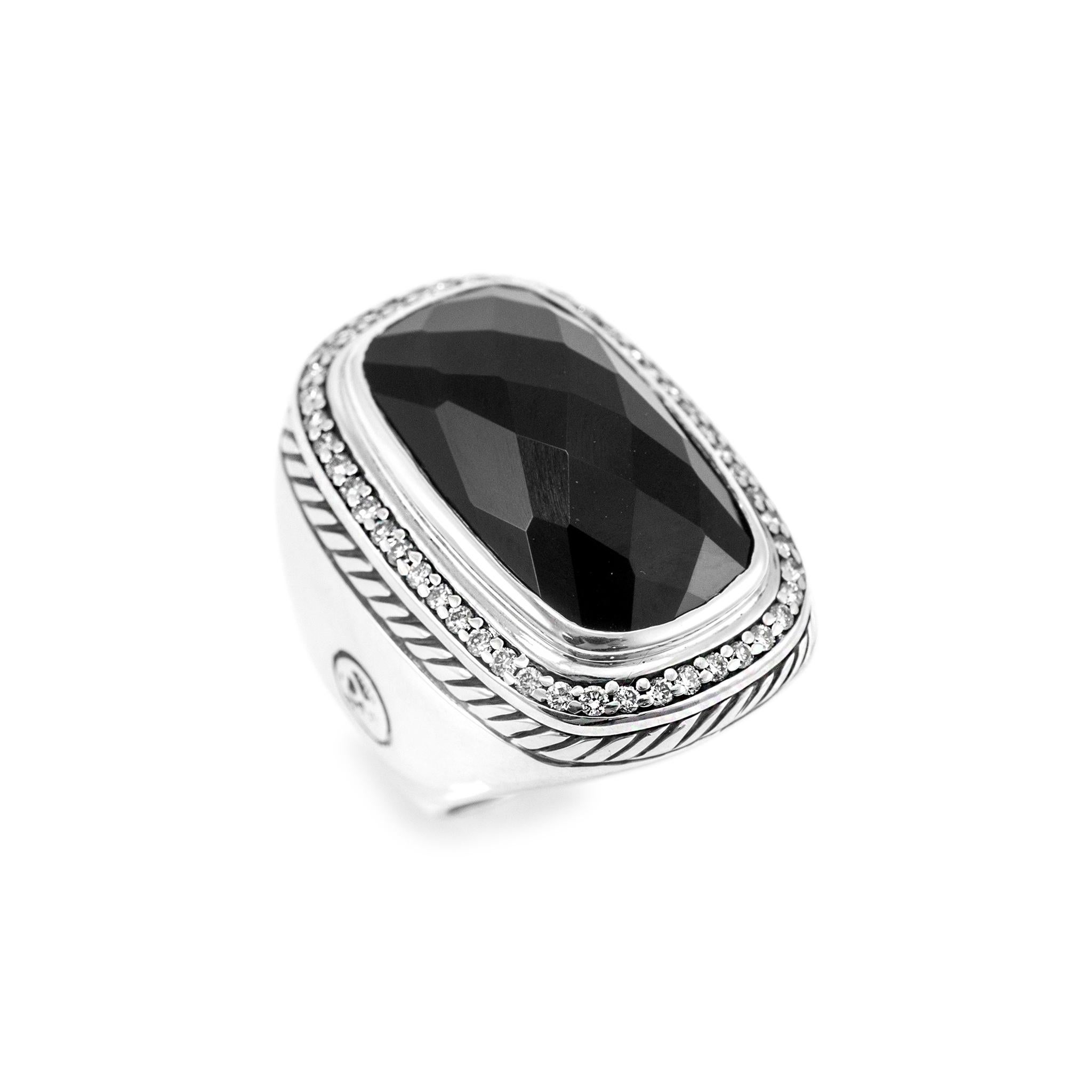 Brand: David Yurman 

Gender: Ladies 

Metal Type: 925 Sterling Silver

Ring Size: 4.5

Width: 5.40 mm tapering to 27.60 mm 

Weight: 20.35 grams

One ladies silver diamond and onyx halo cocktail ring with a tapered, comfort-fit shank. The metal was