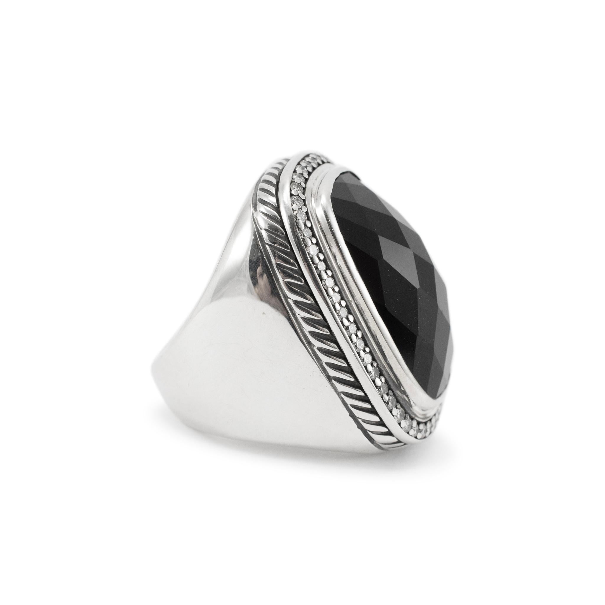 David Yurman 925 Sterling Silver Onyx Halo Diamond Albion Cocktail Ring In Excellent Condition For Sale In Houston, TX