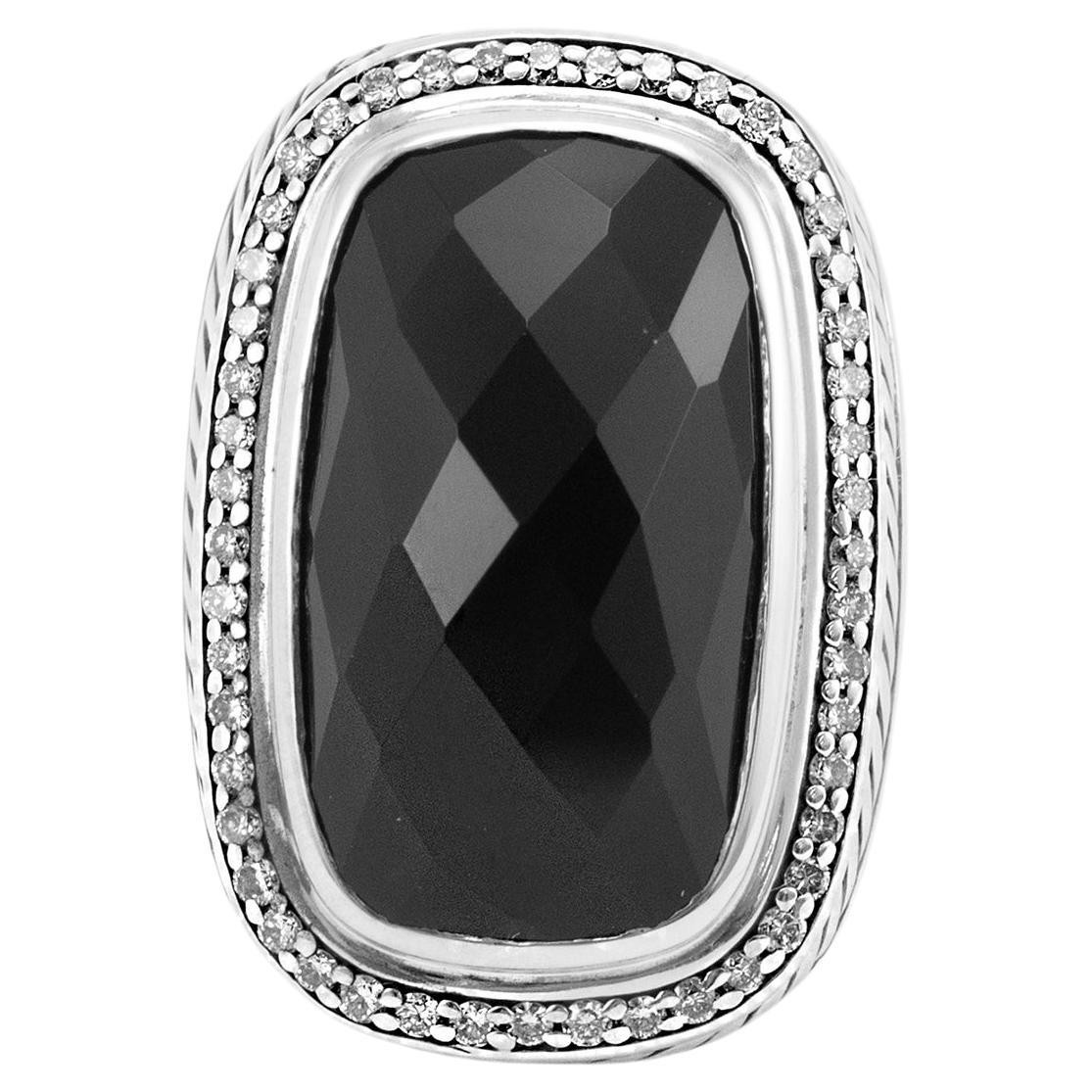 David Yurman 925 Sterling Silver Onyx Halo Diamond Albion Cocktail Ring