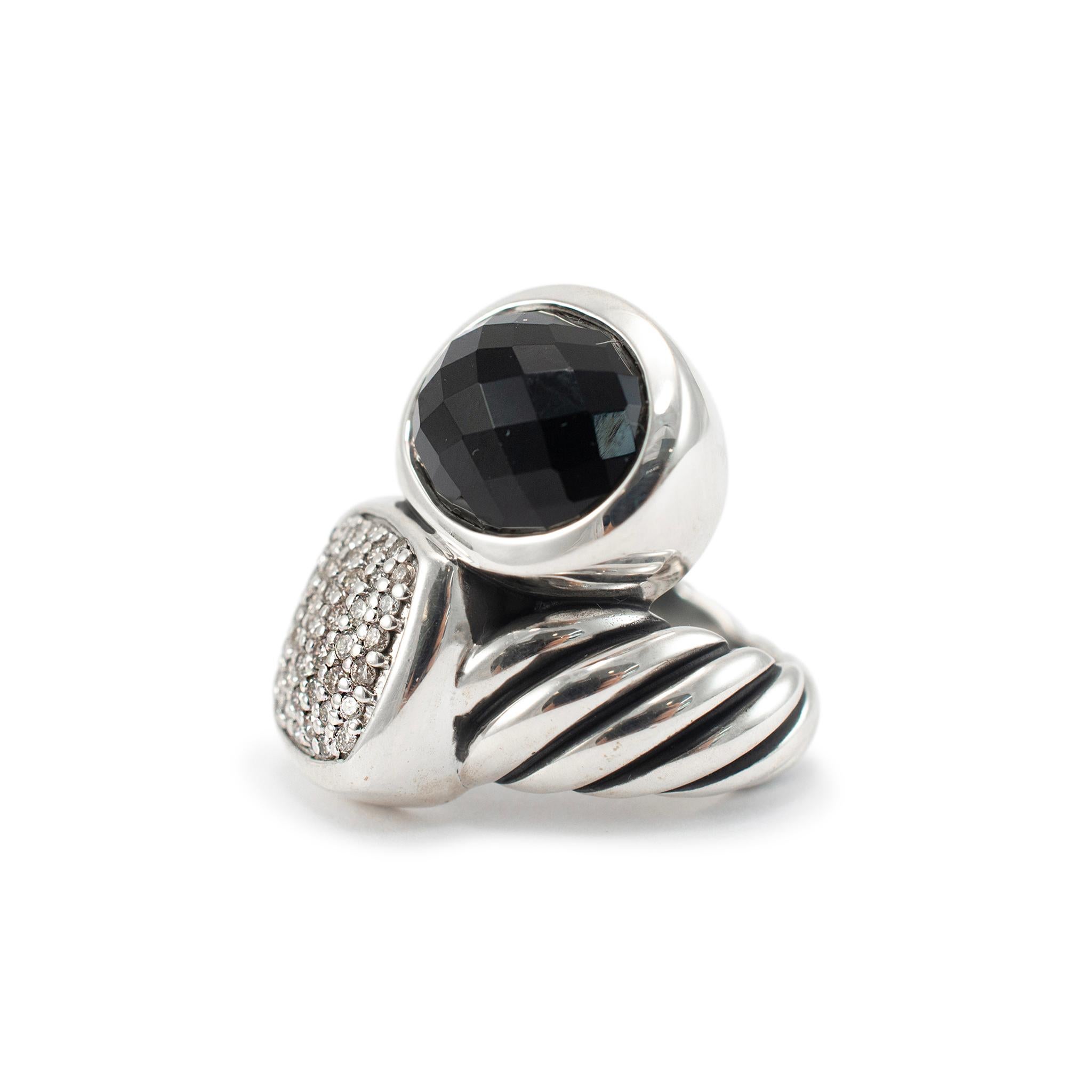 Oval Cut David Yurman 925 Sterling Silver Oval Black Onyx & Pave Diamond Cocktail Ring