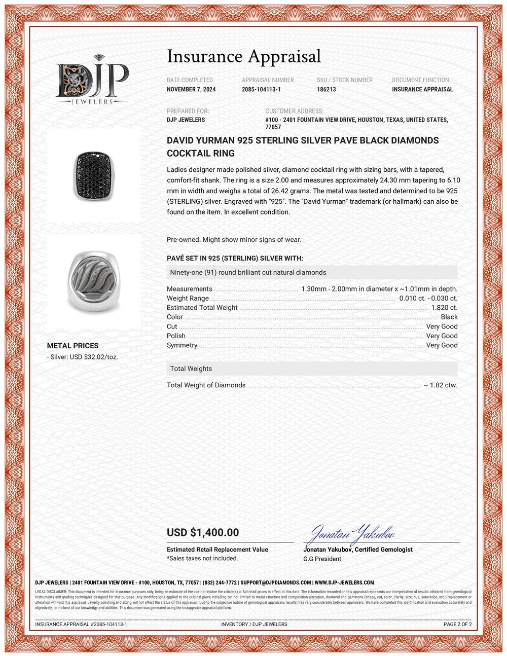David Yurman 925 Sterling Silver Pave Black Diamonds Cocktail Ring For Sale 1
