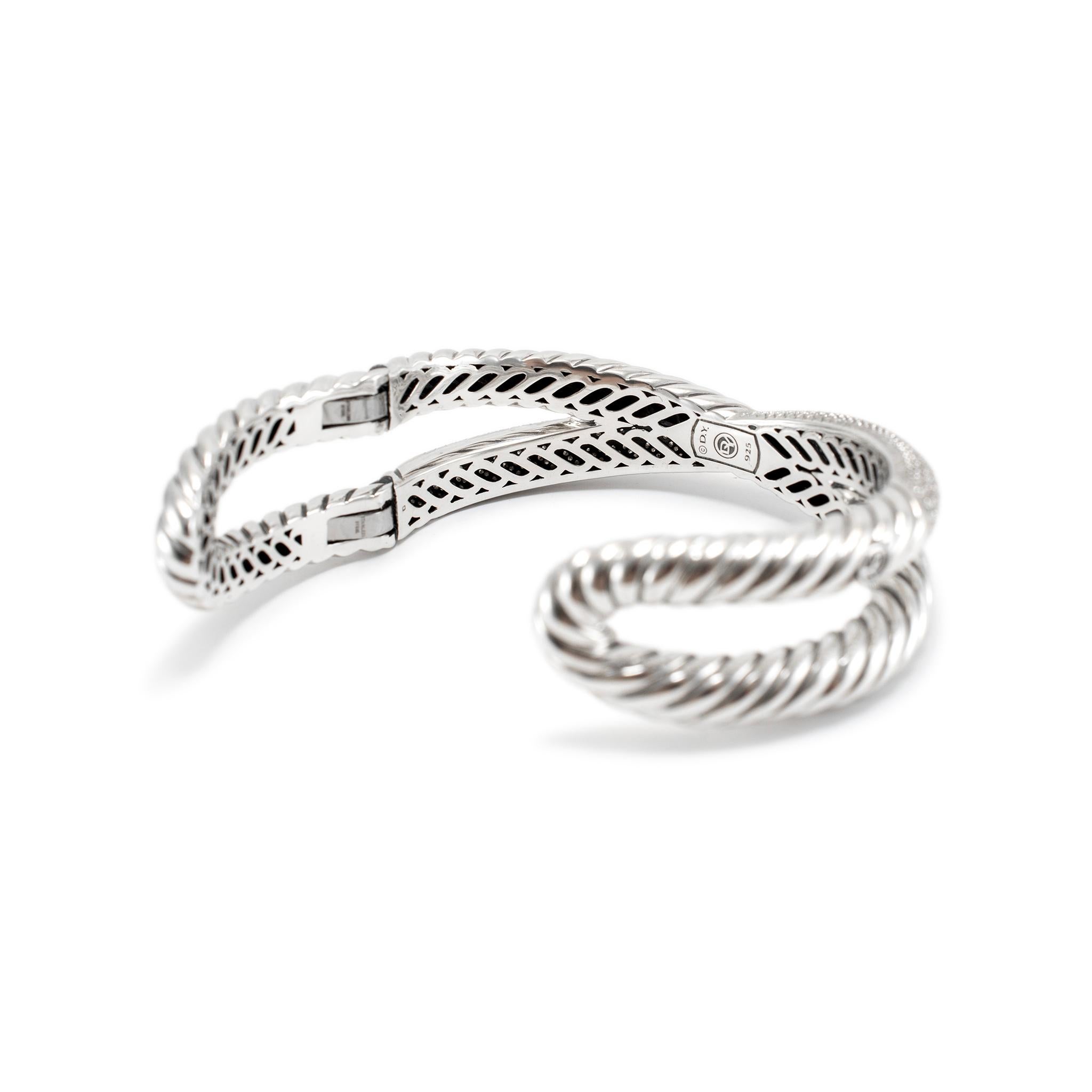 David Yurman 925 Sterlingsilber Pave Crossover X Manschettenarmband im Zustand „Hervorragend“ in Houston, TX
