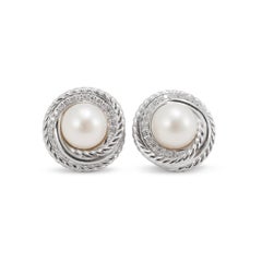 David Yurman 925 Sterling Silver Pearl Crossover Diamonds Stud Earrings