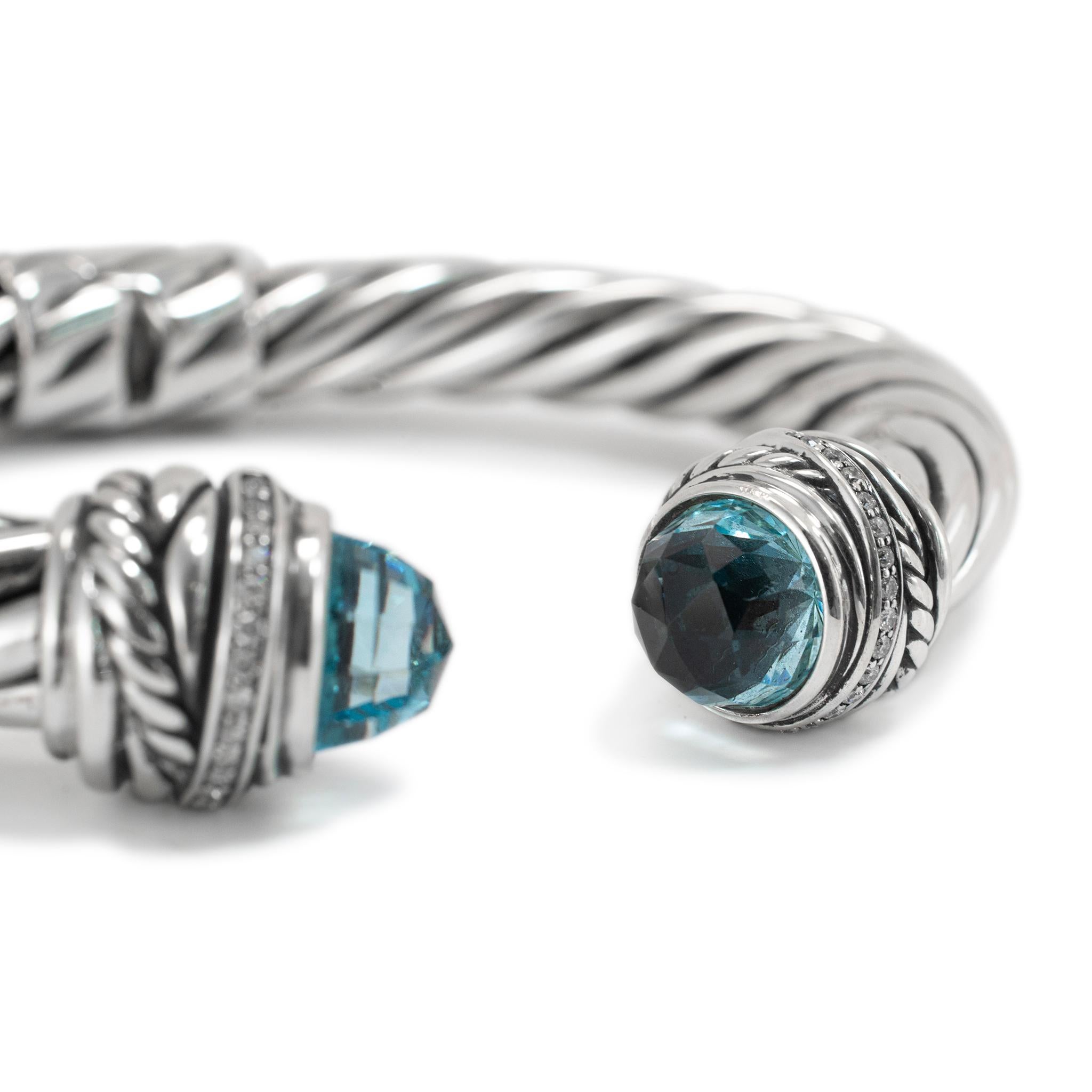David Yurman Bracciale classico a cavo in argento 925 con topazio e diamanti In condizioni ottime in vendita a Houston, TX