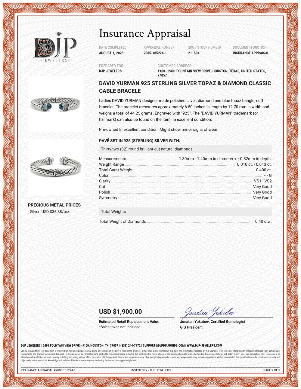 David Yurman Bracciale classico a cavo in argento 925 con topazio e diamanti in vendita 3