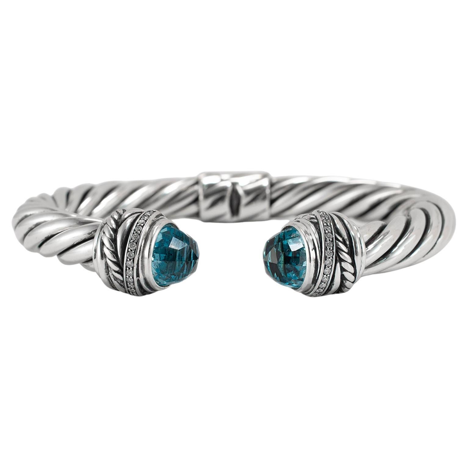 David Yurman 925 Sterling Silber Topas & Diamant Klassisches Kabelarmband