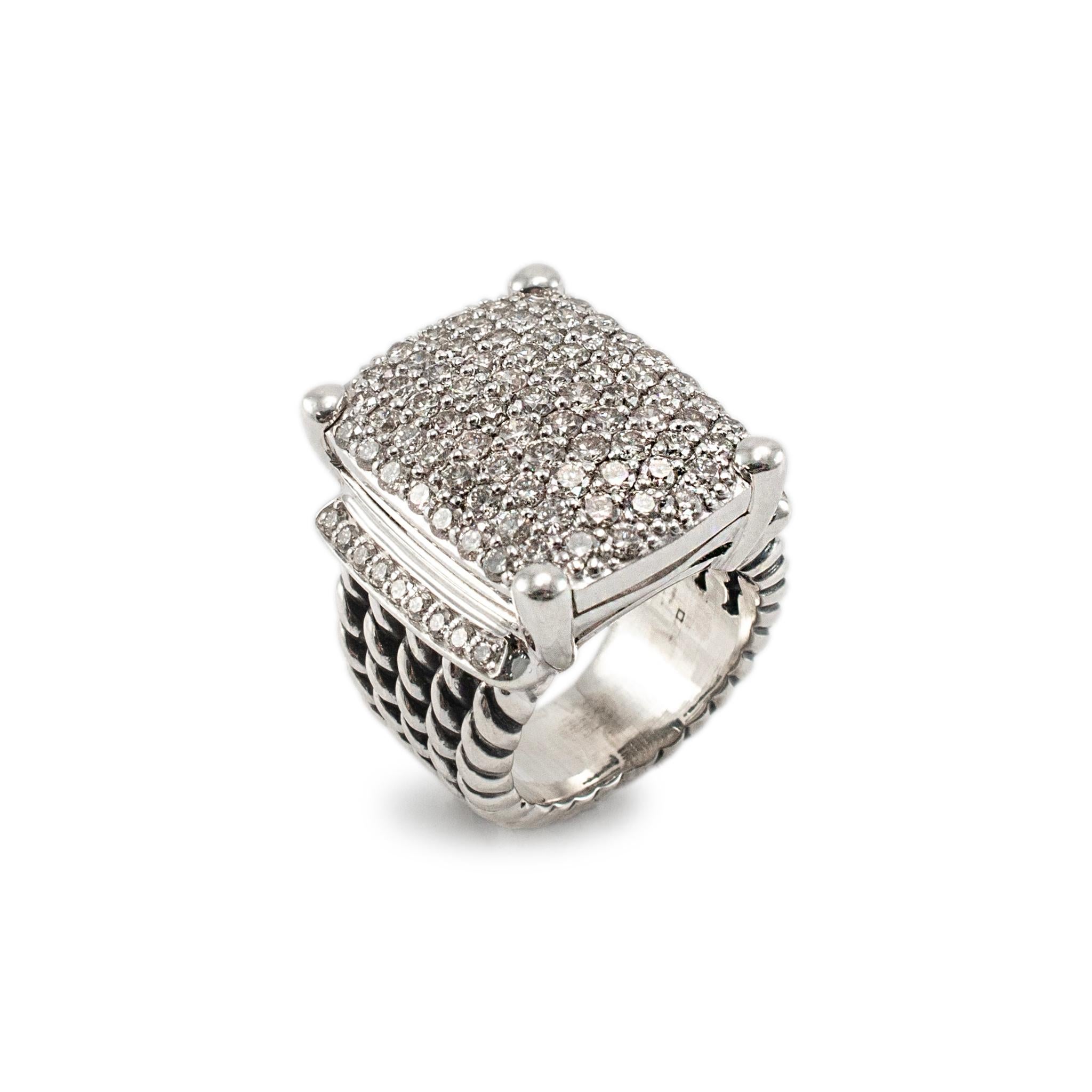  Brand: David Yurman

Gender: Ladies

Metal Type: 925 Sterling Silver

Ring Size: 4.00

Width: 20.65 mm tapering to 9.00 mm

Weight: 15.96 grams

Ladies designer made textured & polished silver diamond cocktail ring with a comfort-fit shank. The