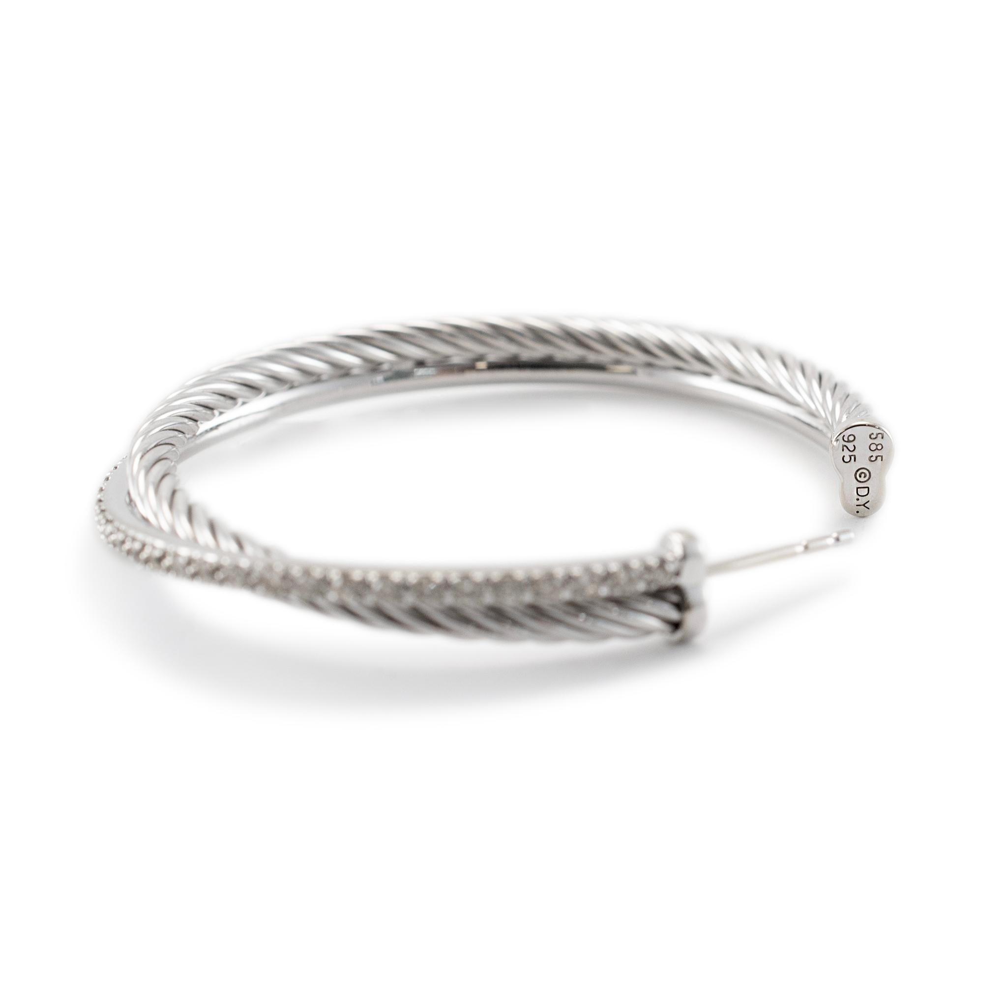 David Yurman 925 Sterlingsilber Weißgold Crossover Pave Diamant-Creolen-Ohrringe (Rundschliff)