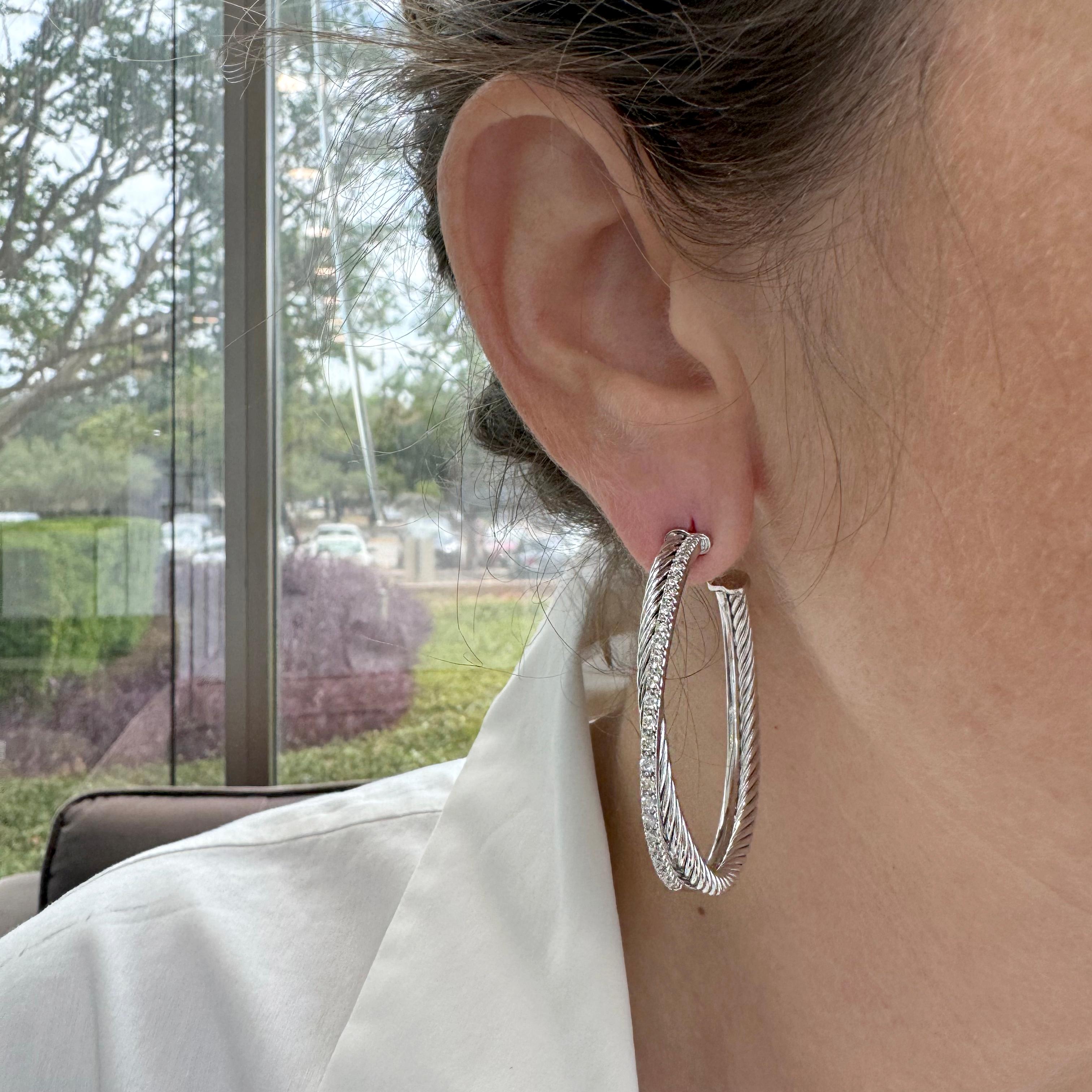 David Yurman 925 Sterlingsilber Weißgold Crossover Pave Diamant-Creolen-Ohrringe Damen