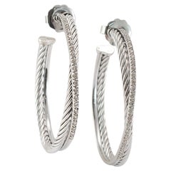 David Yurman 925 Orecchini a cerchio in argento Sterling White Gold Crossover Pave Diamond