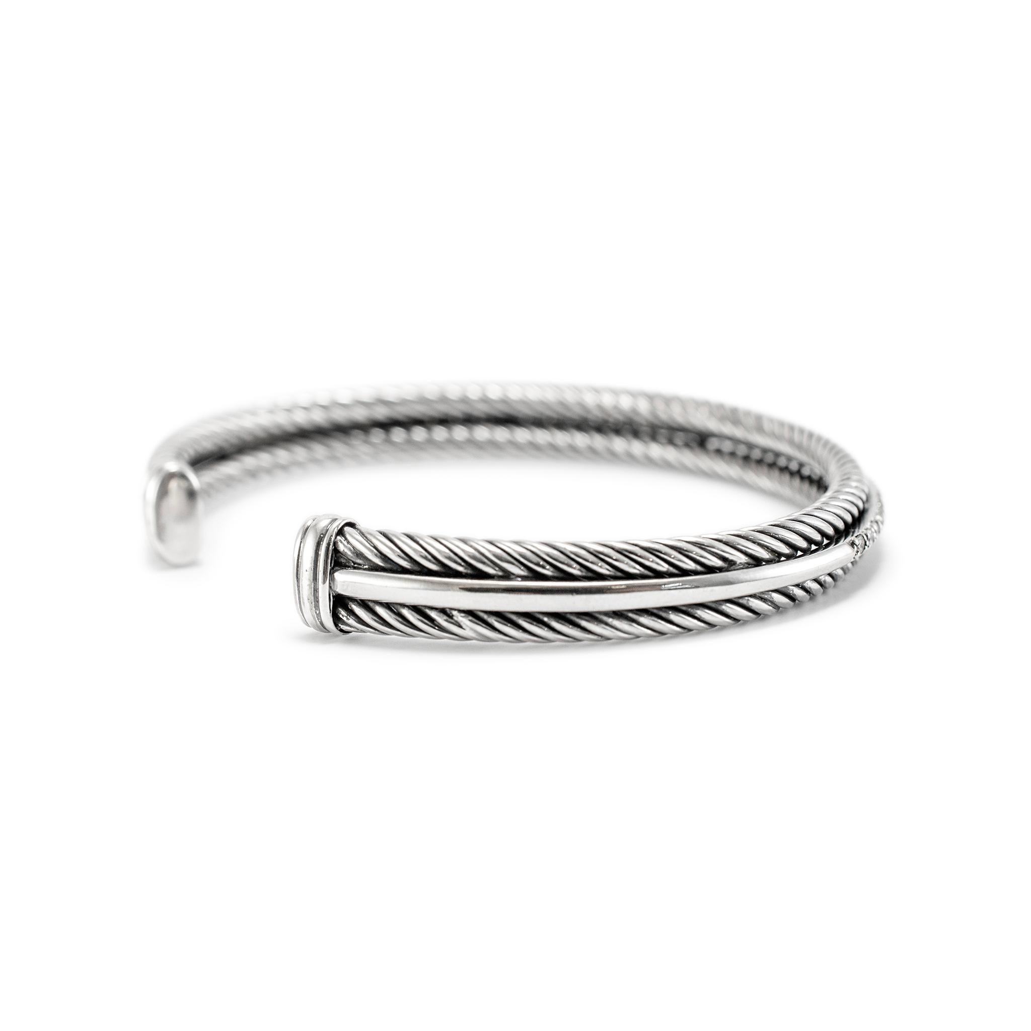 David Yurman 925 Sterlingsilber Weißgold Diamant Klassisches Kabel-Manschettenarmband (Rundschliff)