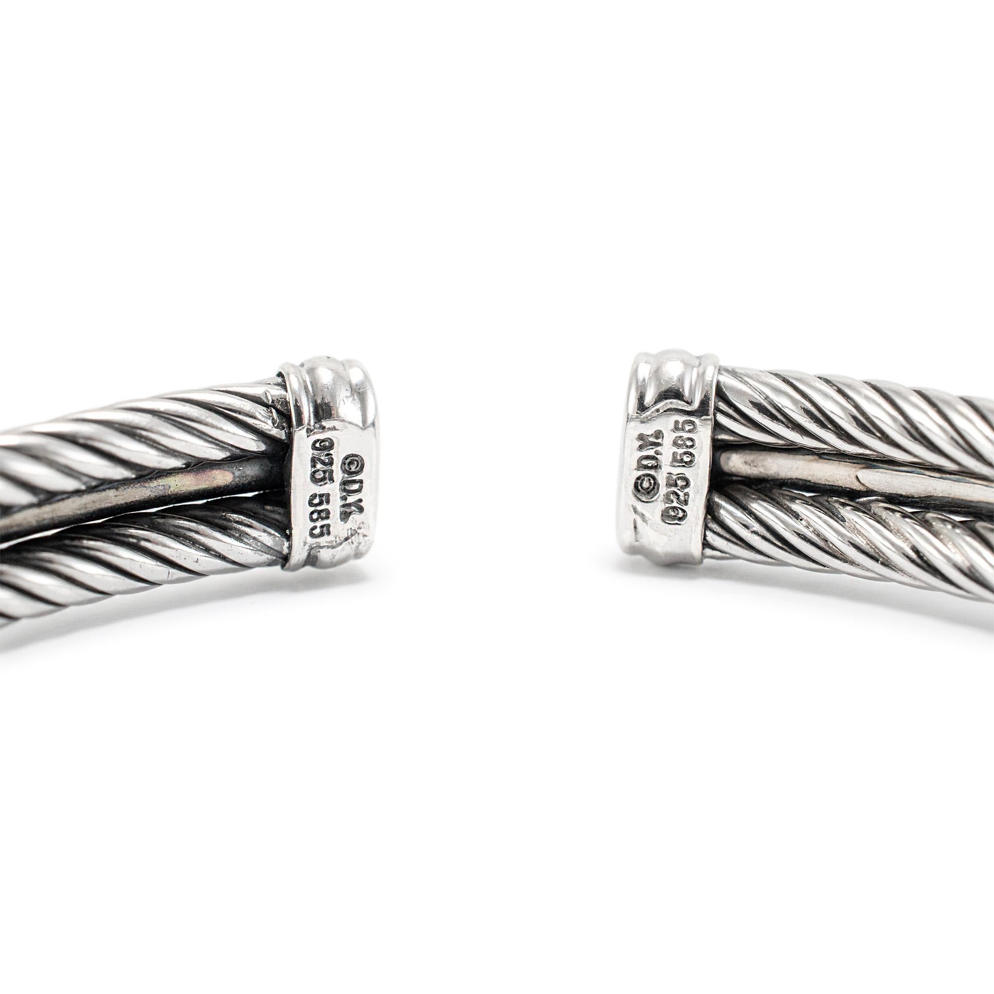 David Yurman 925 Sterlingsilber Weißgold Diamant Klassisches Kabel-Manschettenarmband im Zustand „Hervorragend“ in Houston, TX