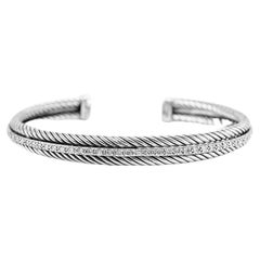 David Yurman 925 Sterlingsilber Weißgold Diamant Klassisches Kabel-Manschettenarmband