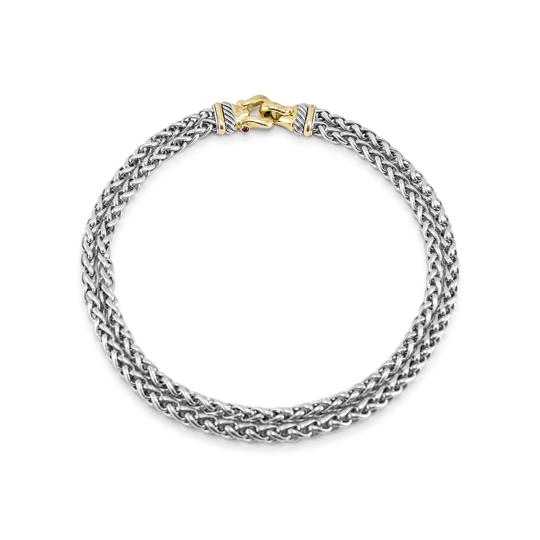 Marchio: David Yurman

Tipo di metallo: Oro giallo 14 carati e argento 925.

Lunghezza: 15,00 pollici

Larghezza: 5.90 mm

Peso: 107,66 grammi

Collana in tormalina lucida in oro giallo 14K e argento, realizzata da un designer. I metalli sono stati
