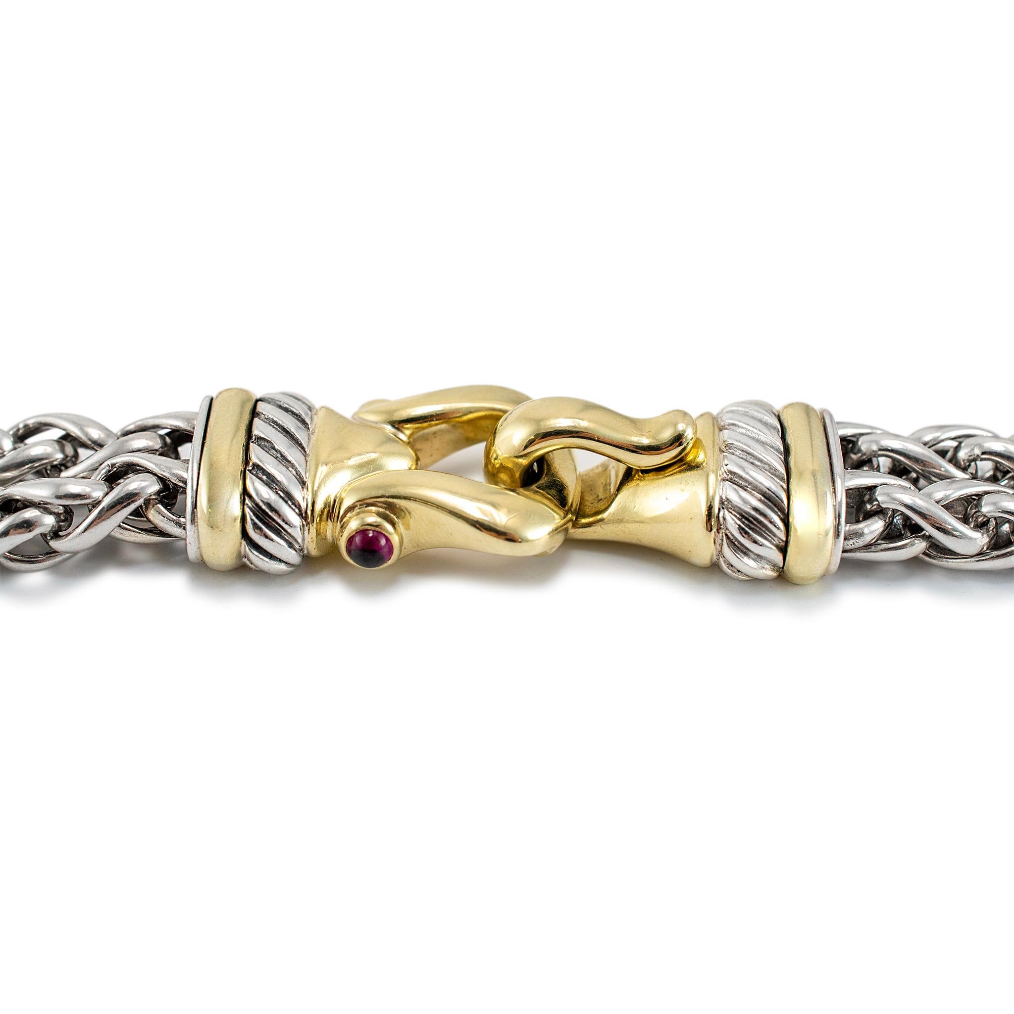 David Yurman 925 Collana con doppia catena di grano in argento 925 e fibbia in oro giallo In condizioni ottime in vendita a Houston, TX