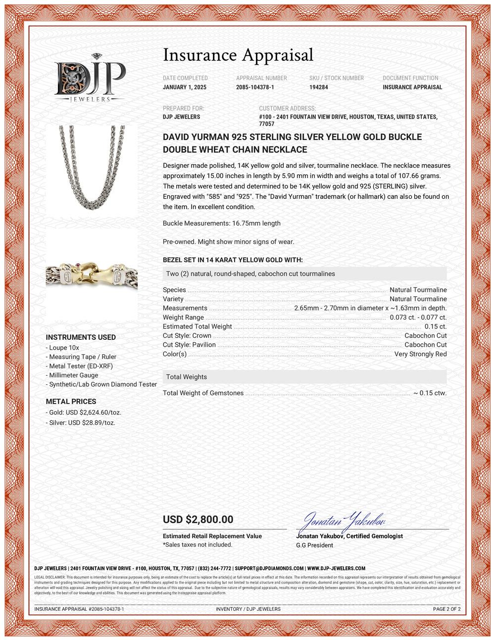 David Yurman 925 Collana con doppia catena di grano in argento 925 e fibbia in oro giallo in vendita 2