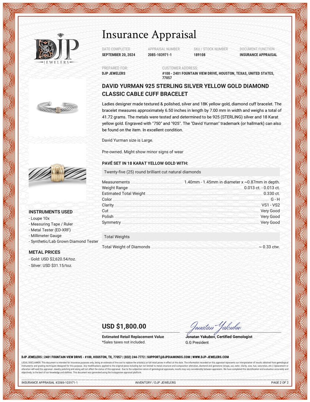 Brand: David Yurman

Gender: Ladies

Metal Type: 925 Sterling Silver and 18k Yellow Gold

Length: 6.50 inches

Width: 7.00 mm

Weight: 41.72 grams

Ladies silver and 18K yellow gold, diamond cuff bracelet. The metals were tested and determined to be