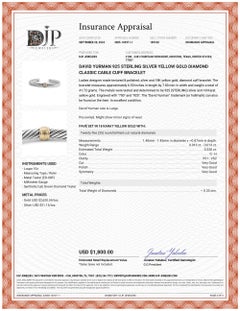David Yurman 925 Sterling Silver Yellow Gold Diamond Classic Cable Cuff Bracelet