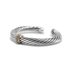 David Yurman 925 Sterling Silver Yellow Gold Diamond Classic Cable Cuff Bracelet