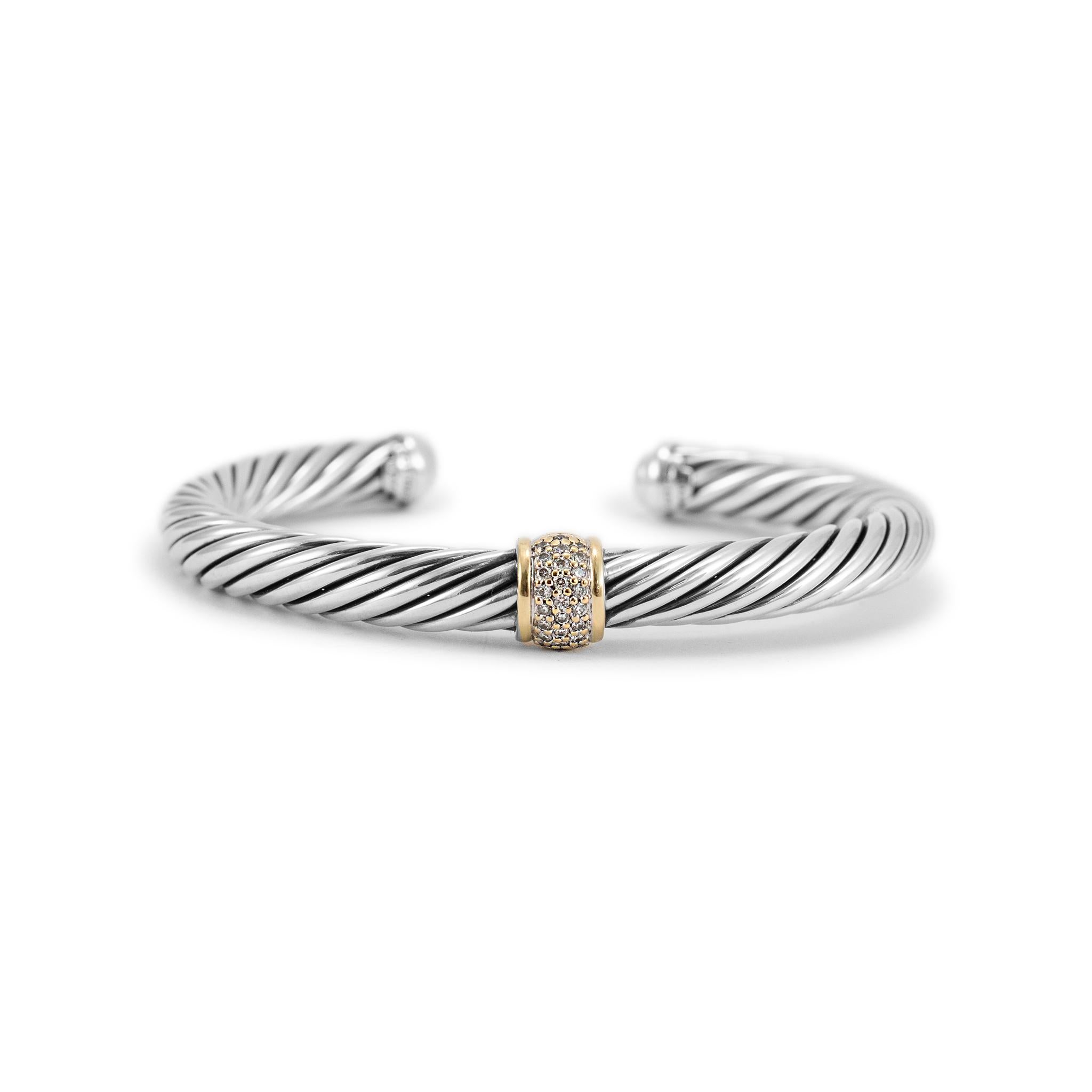 Round Cut David Yurman 925 Sterling Silver Yellow Gold Diamond Classic Cable Cuff Bracelet For Sale
